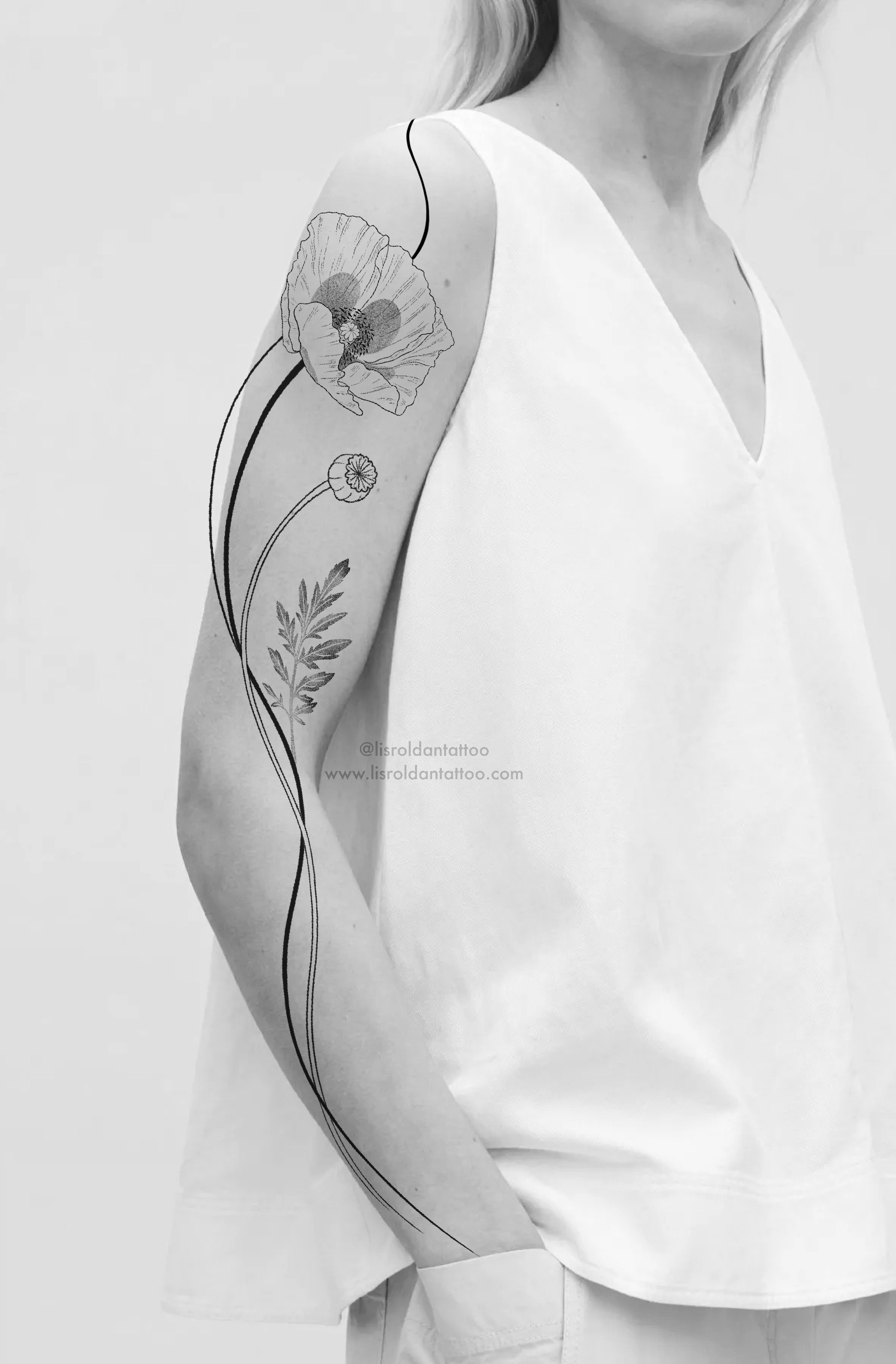 Flowing Poppy Flower and Lines tattoo design by Lis Roldan