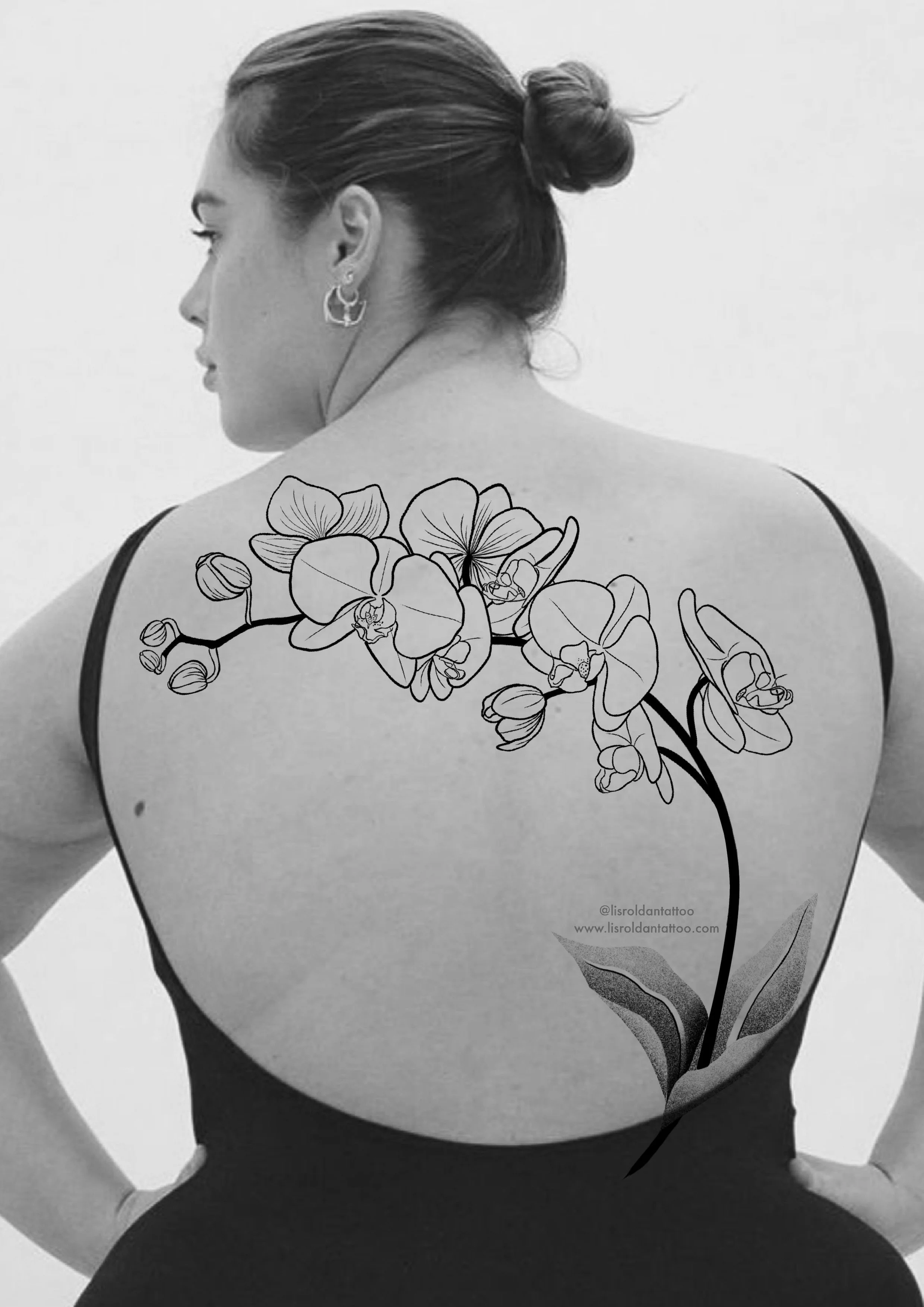 Orchid botanical tattoo design by Lis Roldan, featuring fine line details, bold details, flowing stem, and natural leaves. 