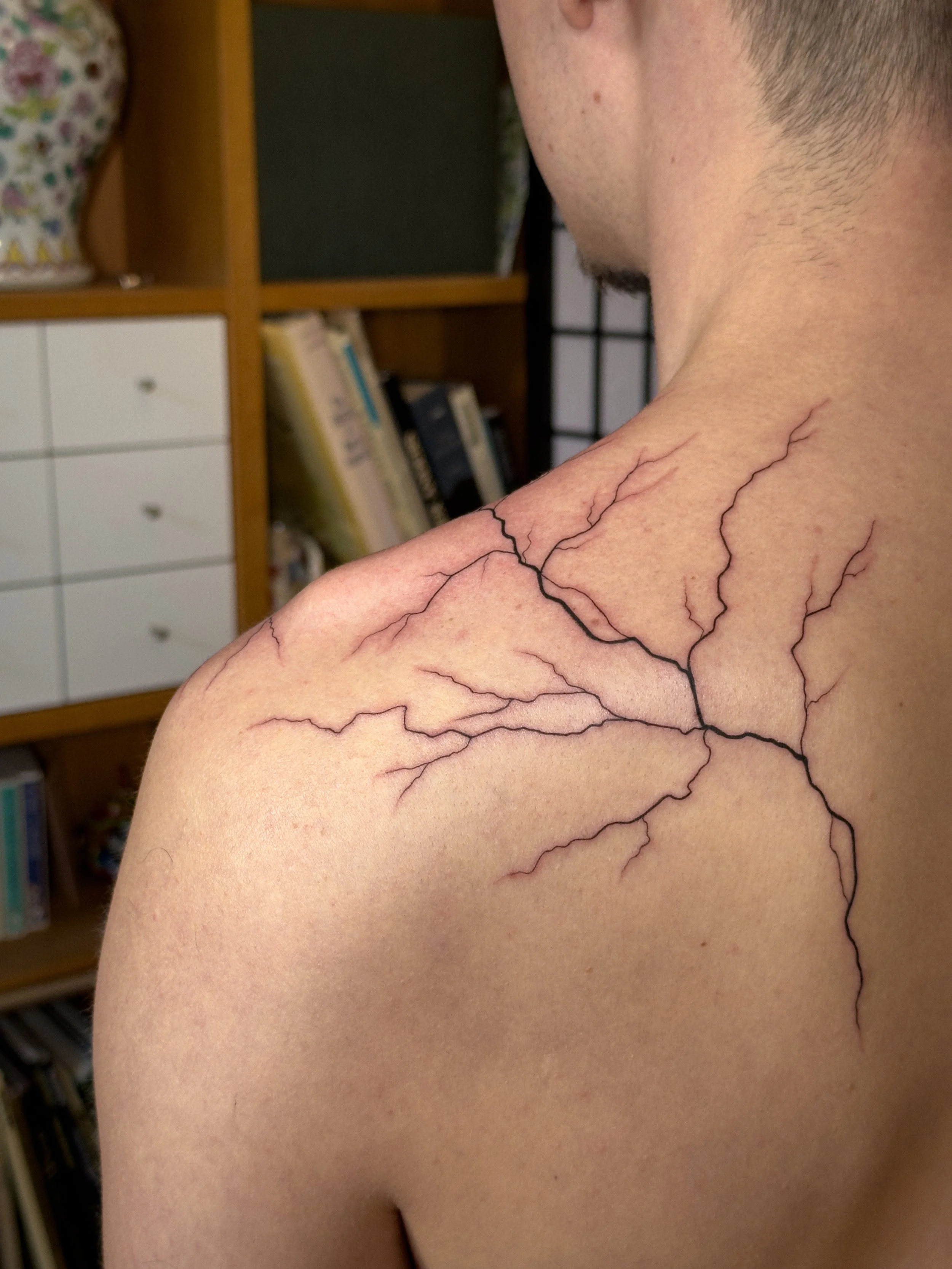 Freehand fine line tattoo inspired by lightning and organic root-like patterns, flowing naturally across the shoulder and collarbone. Designed to follow the body’s structure, creating a raw and dynamic composition.

Custom tattoo by Lis Roldan.
