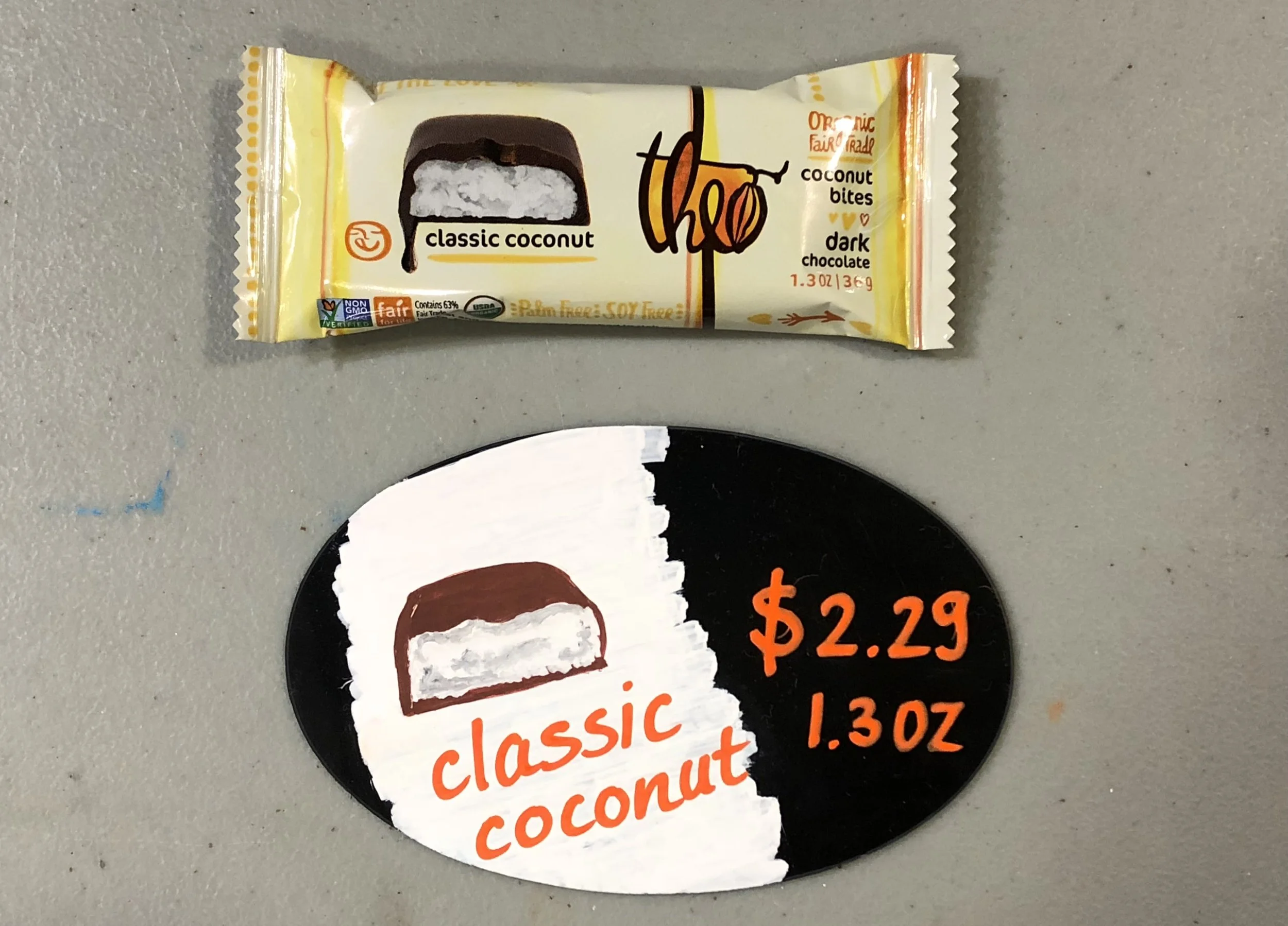Packaging design for Choco Coconut Bites featuring illustrated coconut and chocolate elements.