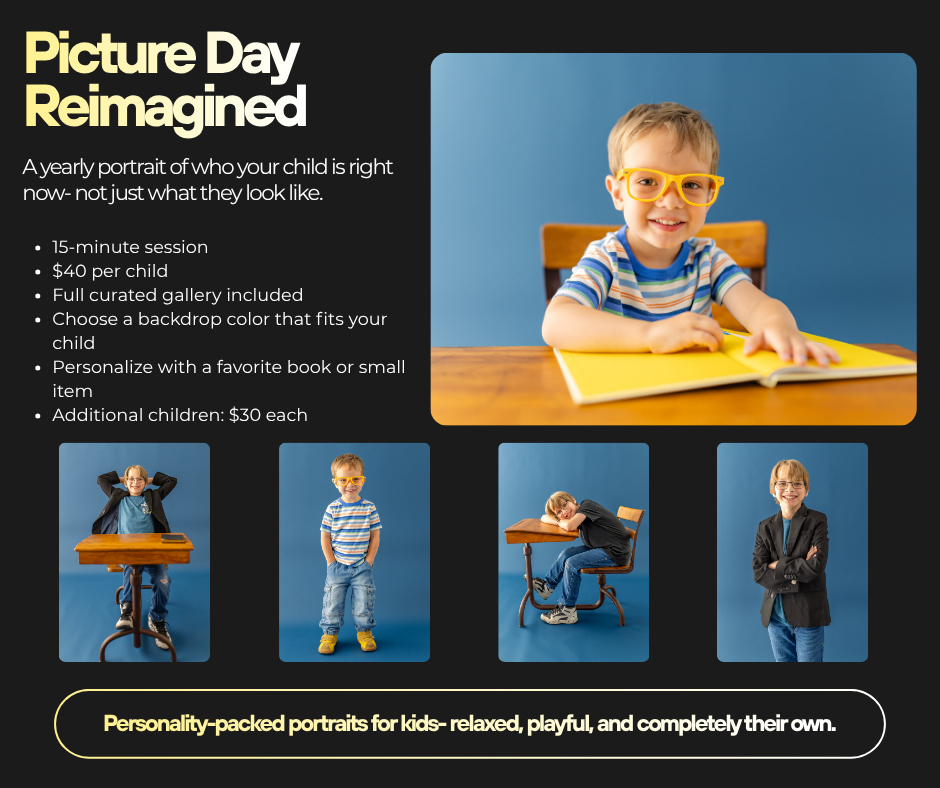 School-aged boys smile for fun back-to-school portraits with a blue background and a vintage desk