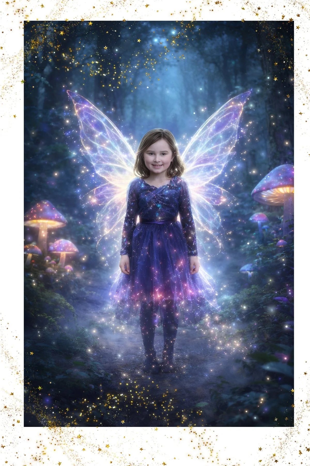 Girl transformed into a magical fairy in a glowing fantasy forest.