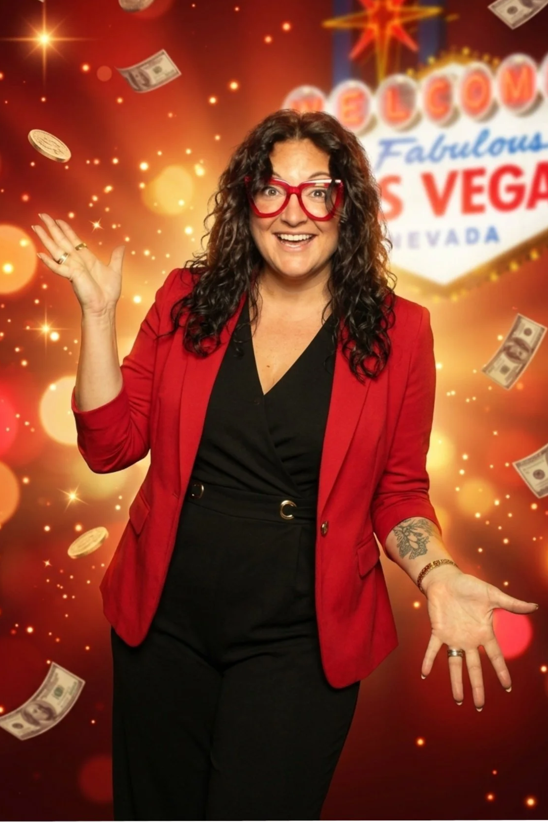 Woman transformed into a glamorous Las Vegas -inspired scene with casino lights and falling money.