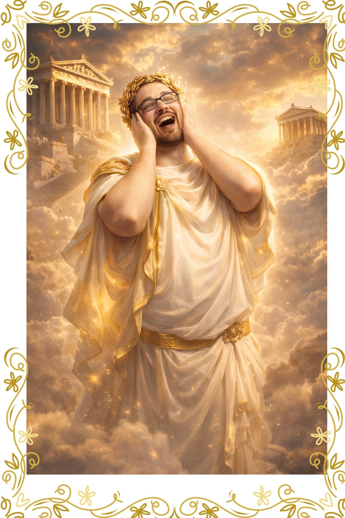 Man transformed into a laughing Ancient Greek god surrounded by clouds and ancient temples.