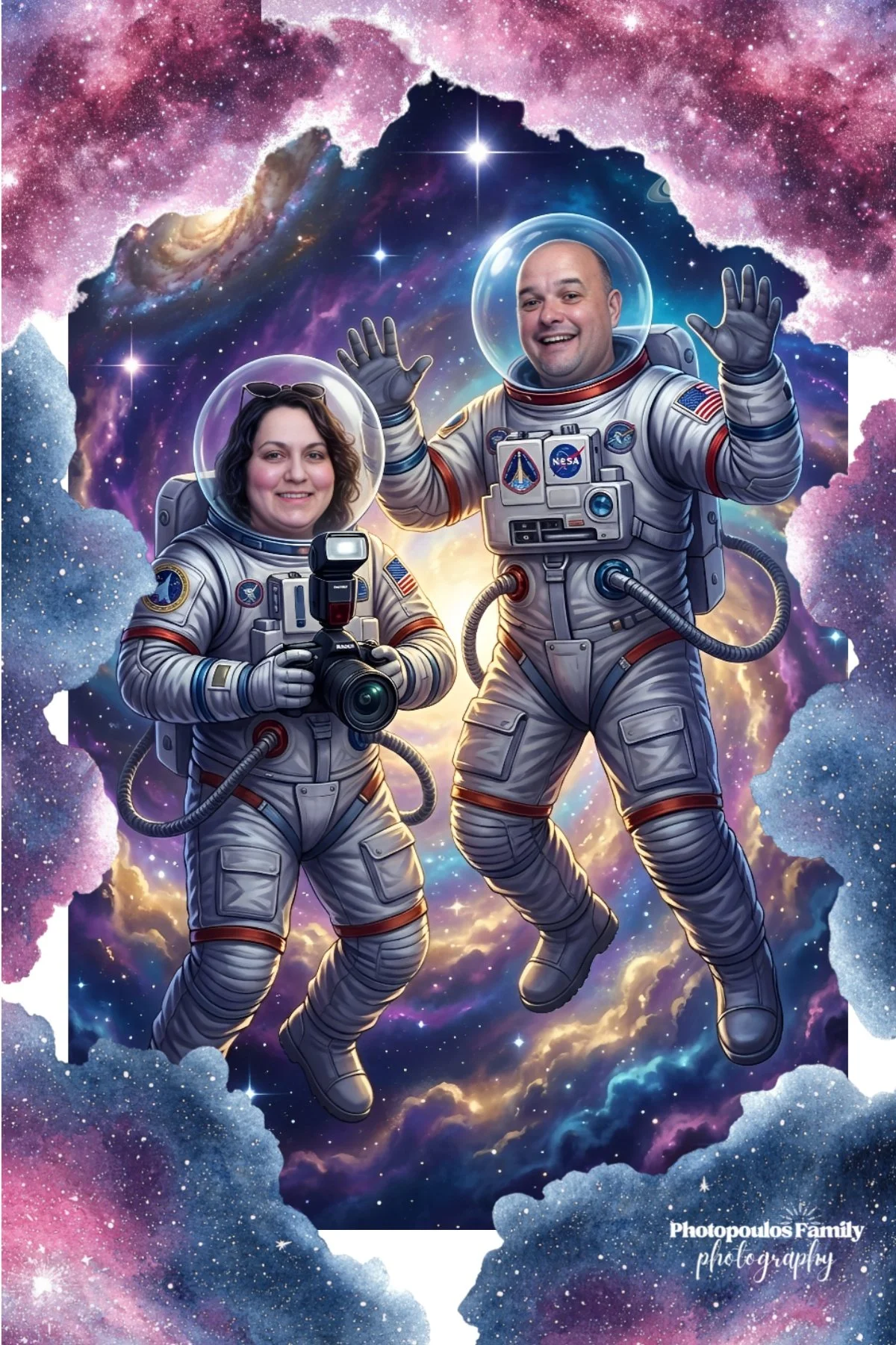 Photographers Carissa and Allen transformed into astronauts in a colorful outer-space scene.