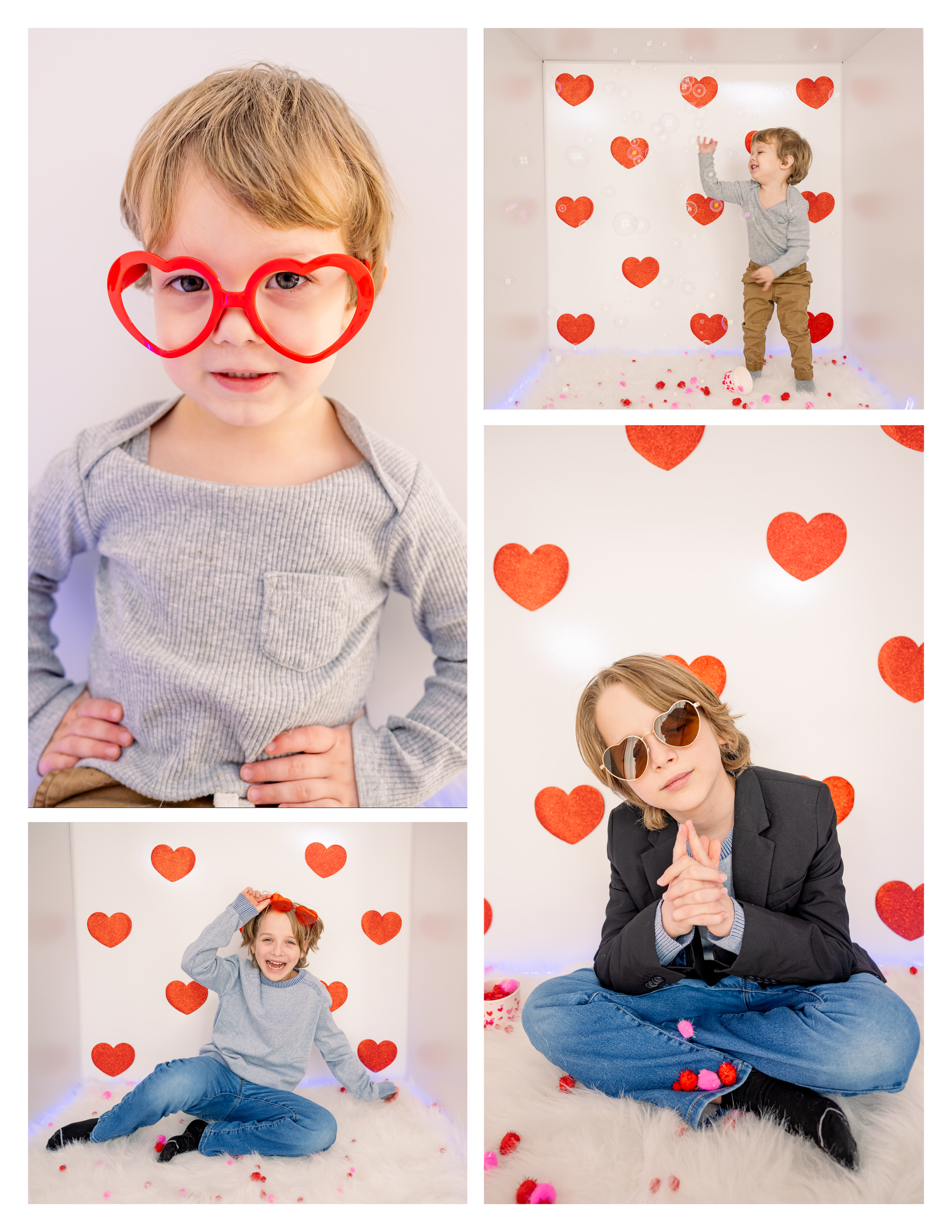 Two kids play with Valentine's Day themed items in a White Posing Box at Photopoulos Family Photography in Wausau, WI