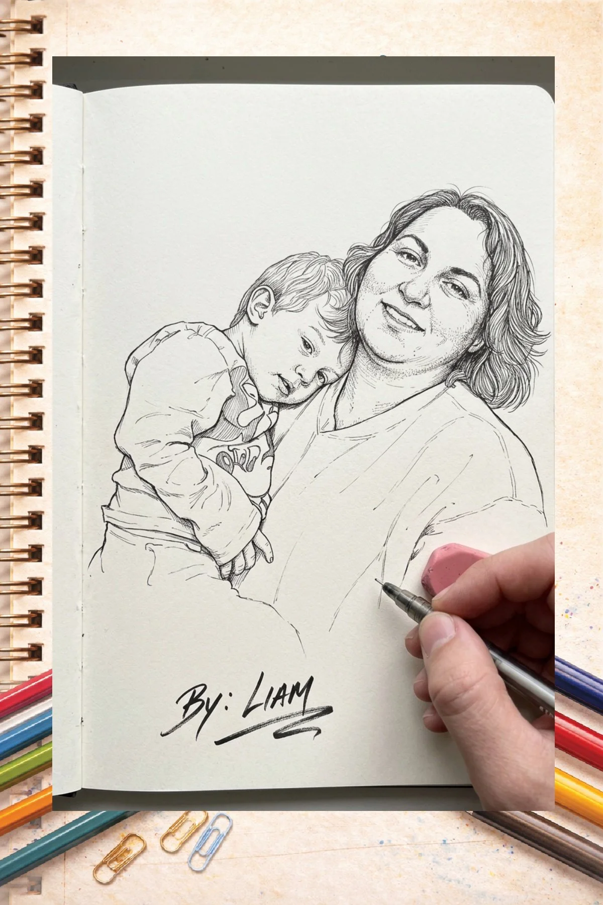 A hand drawing a black-and-white portrait of a smiling woman holding a young boy on her shoulder in a sketchbook, with colored pens and paper clips surrounding the sketch.