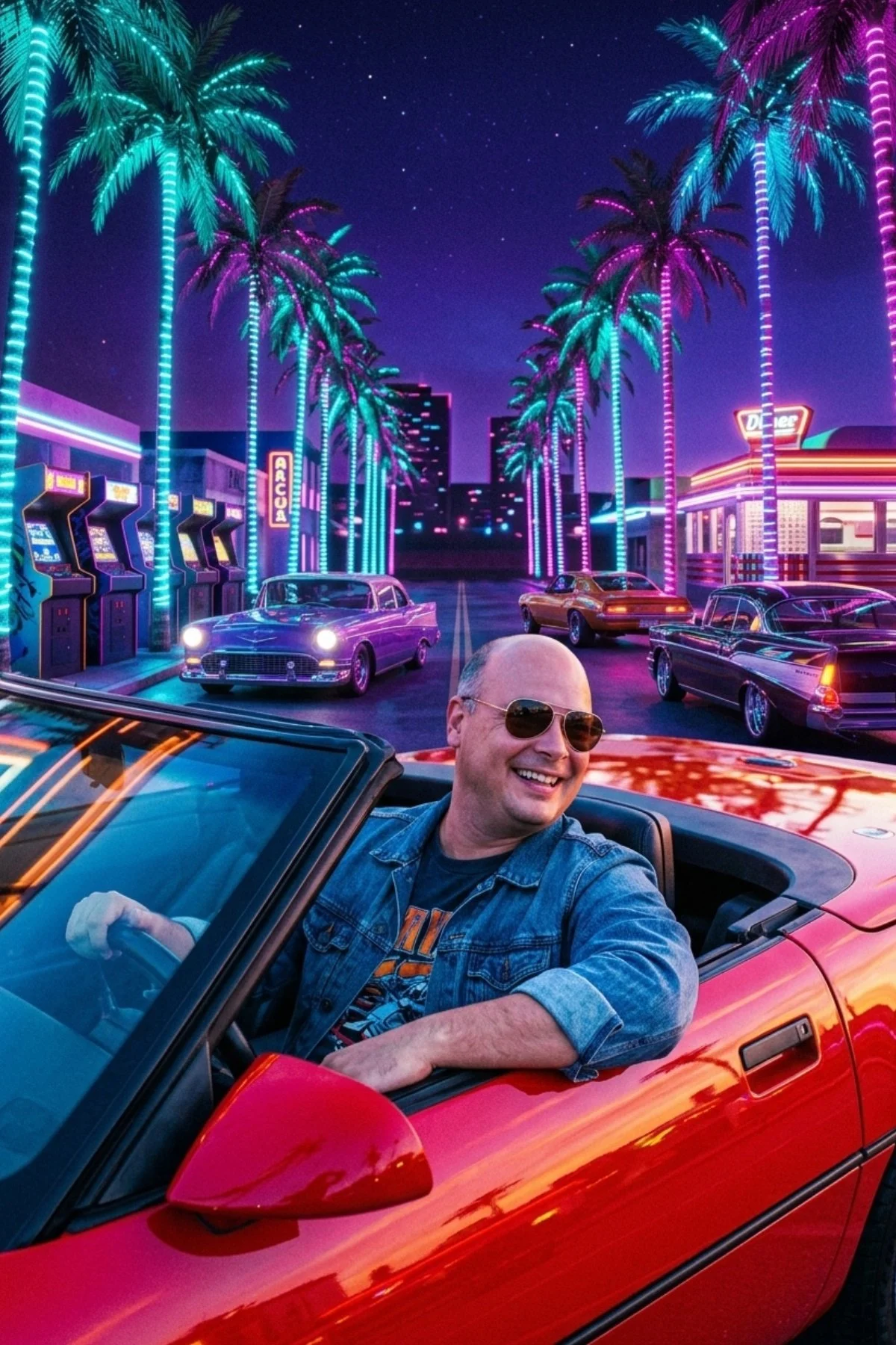 Man transformed into driving a red convertible down a neon-lit Las Vegas street.