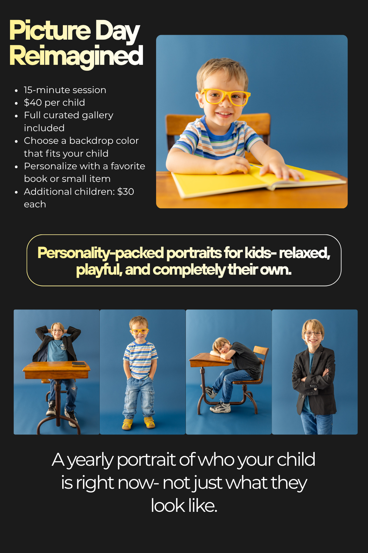 Back to School Portraits. A middle-school aged boy poses casually with a vintage desk, while a younger boy smiles big at the camera.