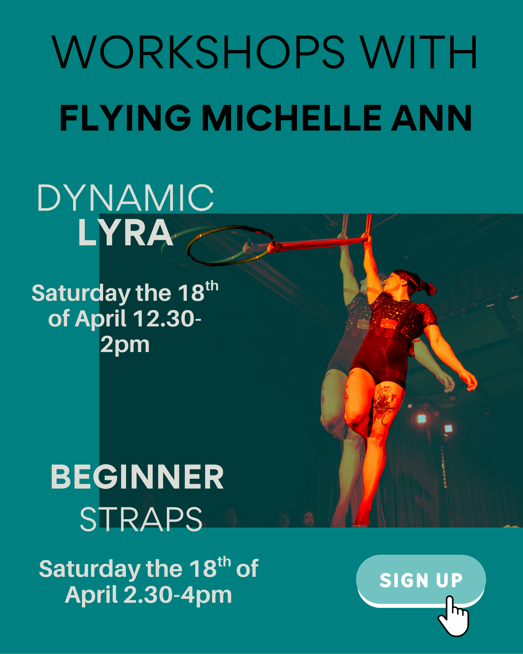 Workshops with aerialist Flying Michelle Ann. Aerial straps beginner, dynamic lyra/aerial ring.