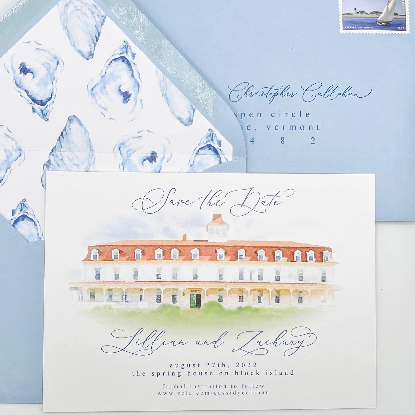not to be shellfish, but I wish these were MY save the dates 😜 @hudsonandtuck custom watercolor of the wedding venue @springhouseweddings + a fun oyster patterned liner 
.
.
.
.
.
.
.
#stationery #blockisland #springhouse #rhodeislandwedding #blocki