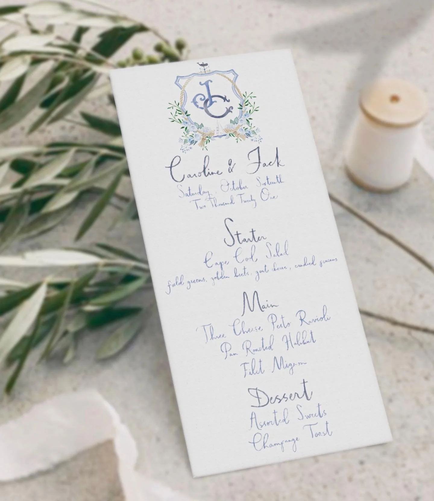 custom watercolor crest and hand letting on menus for caroline + jack&rsquo;s cape cod wedding 🐋 ⇆ for a 👀 at the details
.
.
.
.
.
.
.
#stationery #artist #wedding #bride #papercompany #weddinginvitations #customcrest #charlestonbride #weddingmenu