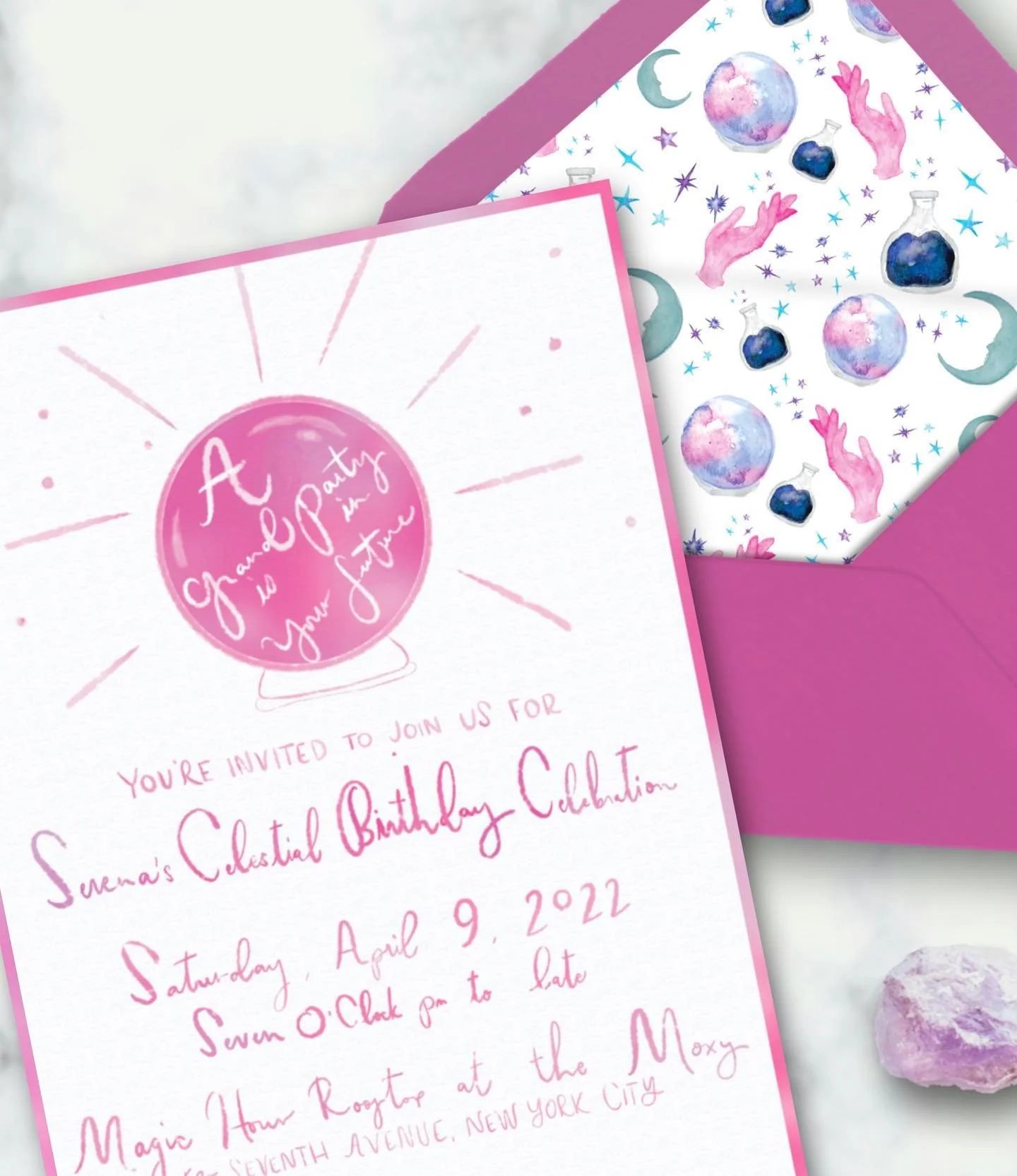 🔮a grand party is in your future🔮client proofs off to print &amp; production ✨
.
.
.
.
.
.
#envelopeliner #stationery #artist #birthday #magic #wedding #bride #papercompany #birthdayinvitation #bdayparty #witchy #witches #celestial #watercolor #ill