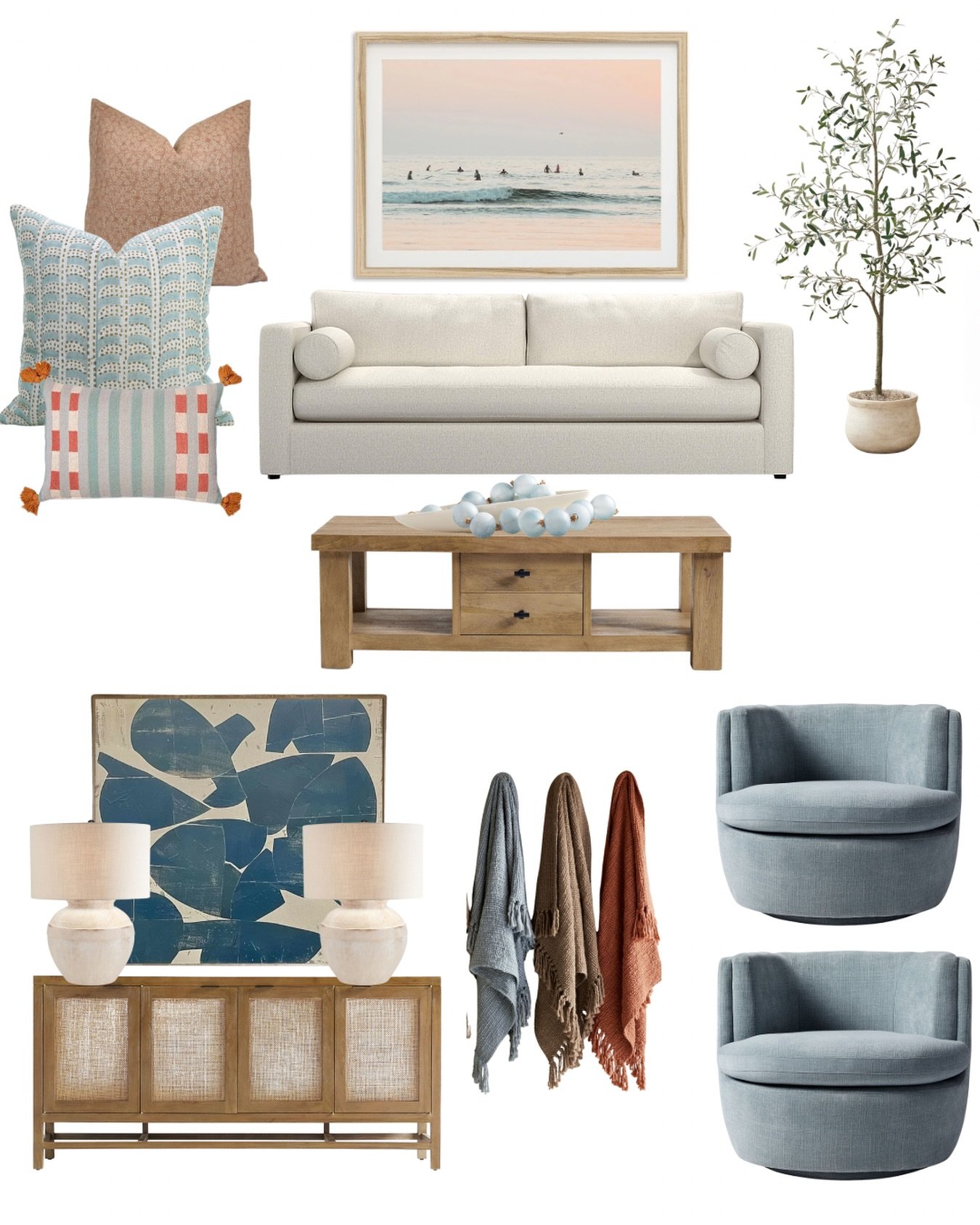 Working on furniture and art selections for a Santa Barbara vacation home! This beach house moodboard with a blue and salmon palette gives all the #santabarbara and #socal vibes!