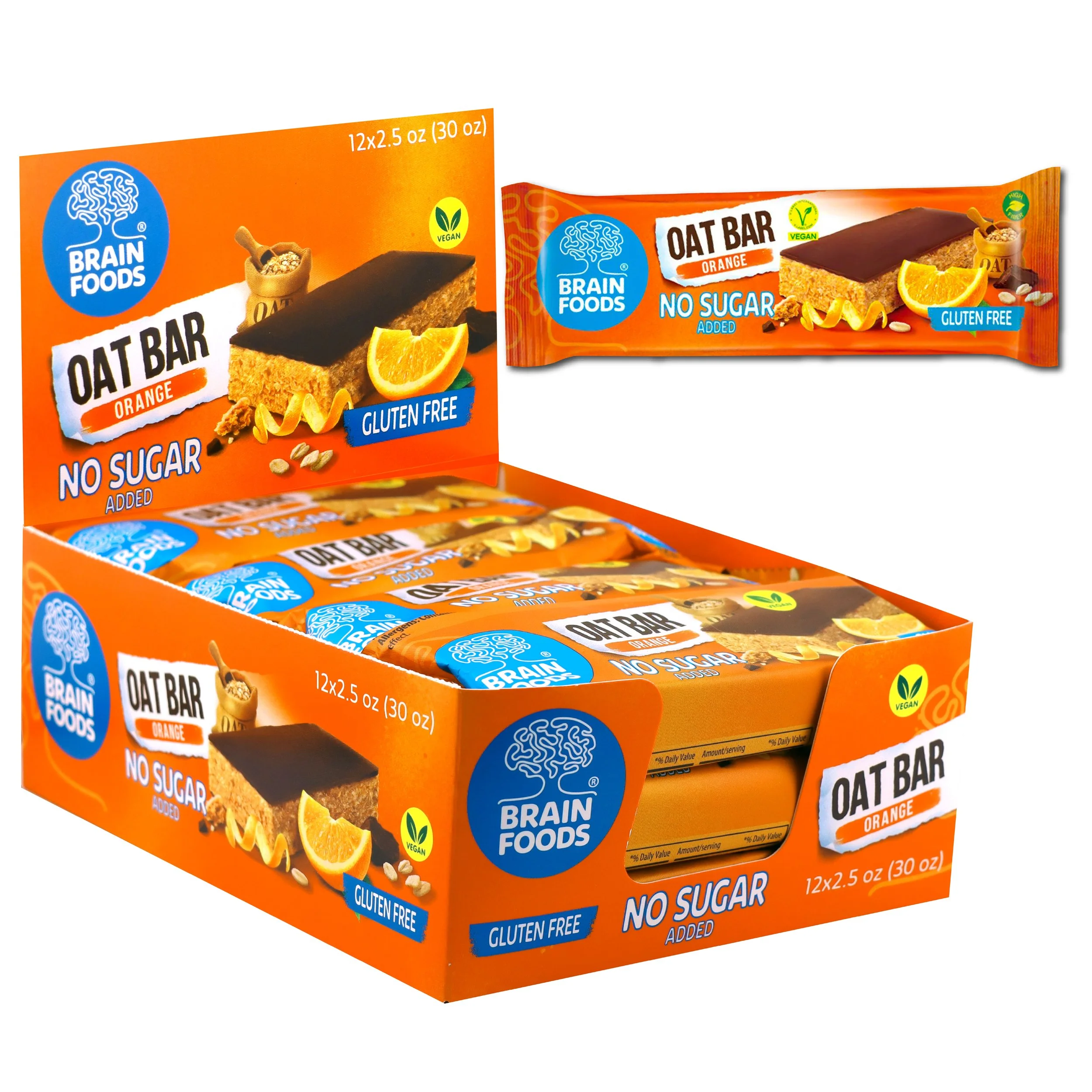 BRAIN FOODS Oat Bar - Orange & Chocolate, Gluten Free, Vegan, No Sugar Added, Box of 12 (Copy)