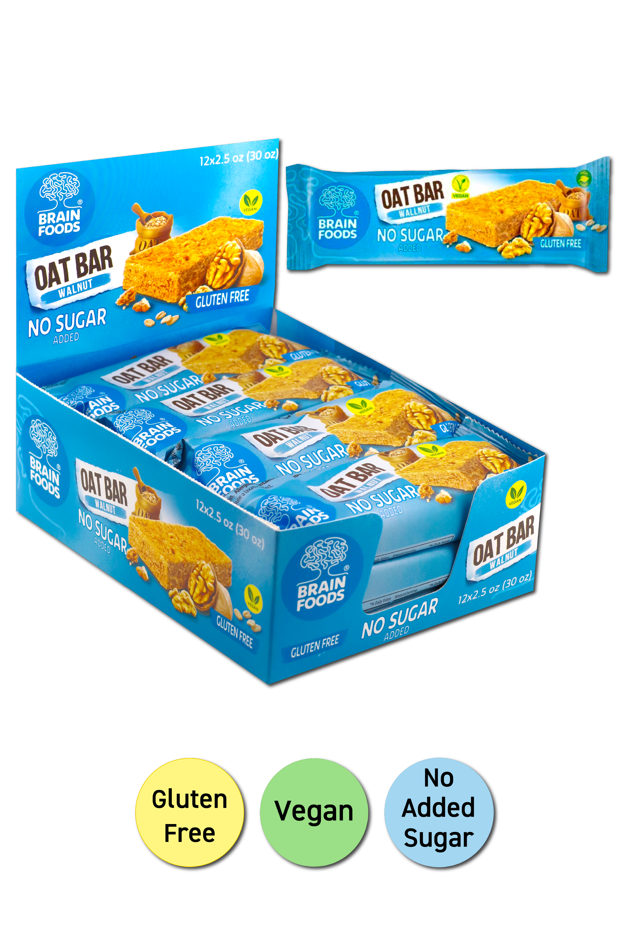BRAIN FOODS Oat Bar - Walnut, Gluten Free, Vegan, No Sugar Added, Box of 12
