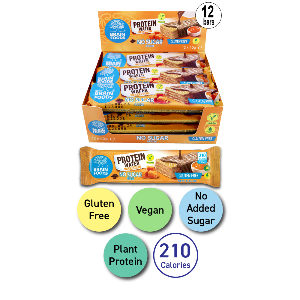 BRAIN FOODS Caramel Protein Wafers, Gluten Free Vegan , Box of 12