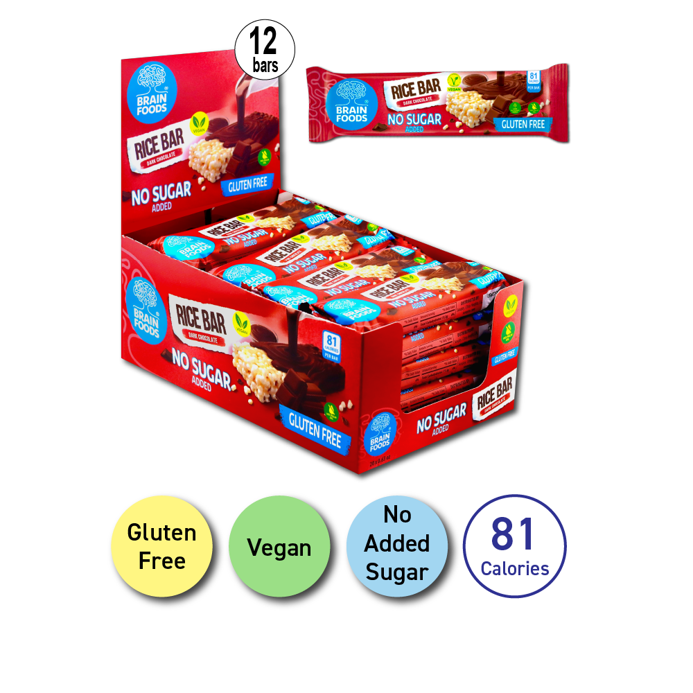 BRAIN FOODS Rice Bar - Dark Chocolate, Gluten Free, Vegan, No Sugar Added, Box of 20