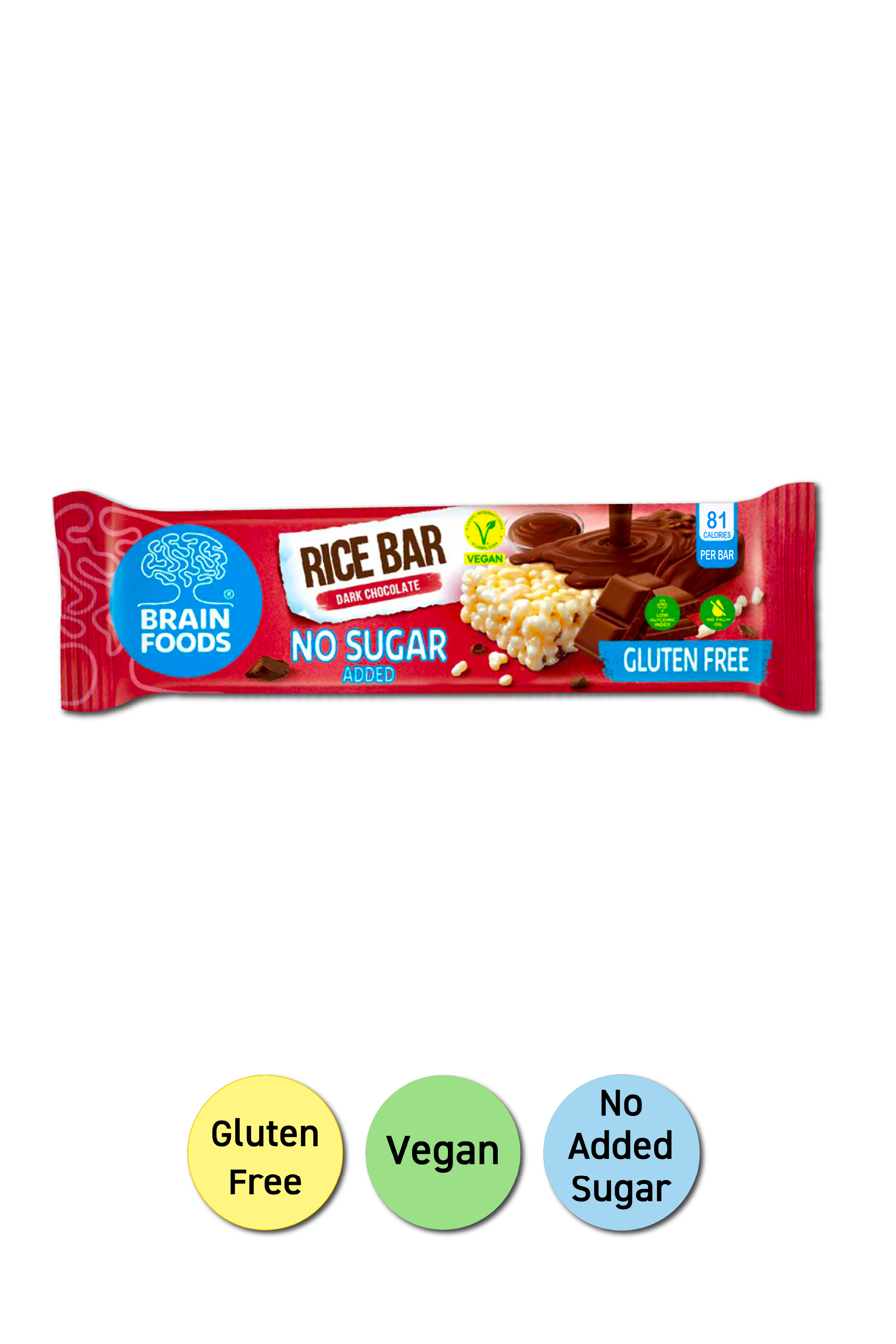 BRAIN FOODS Rice Bar - Dark Chocolate, Gluten Free, Vegan, No Sugar Added, 1 Bar