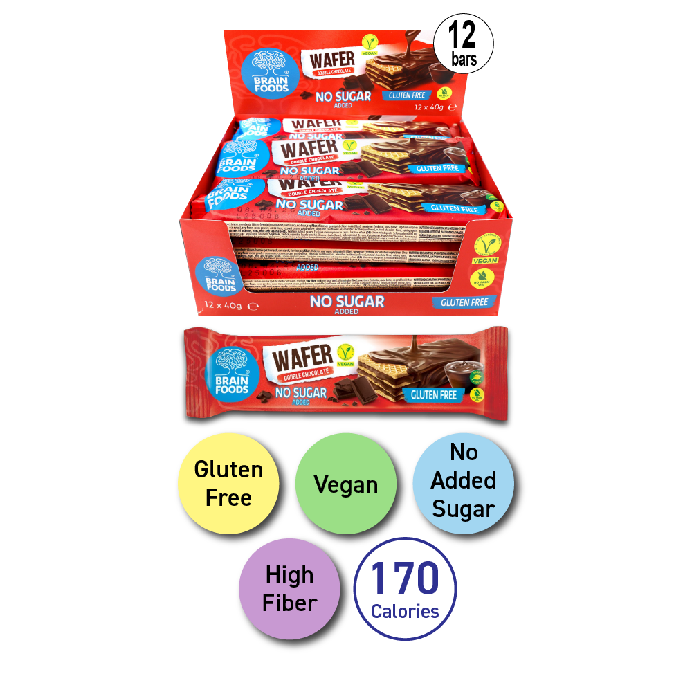 BRAIN FOODS Double Chocolate Wafer, Gluten Free Vegan, Box of 12