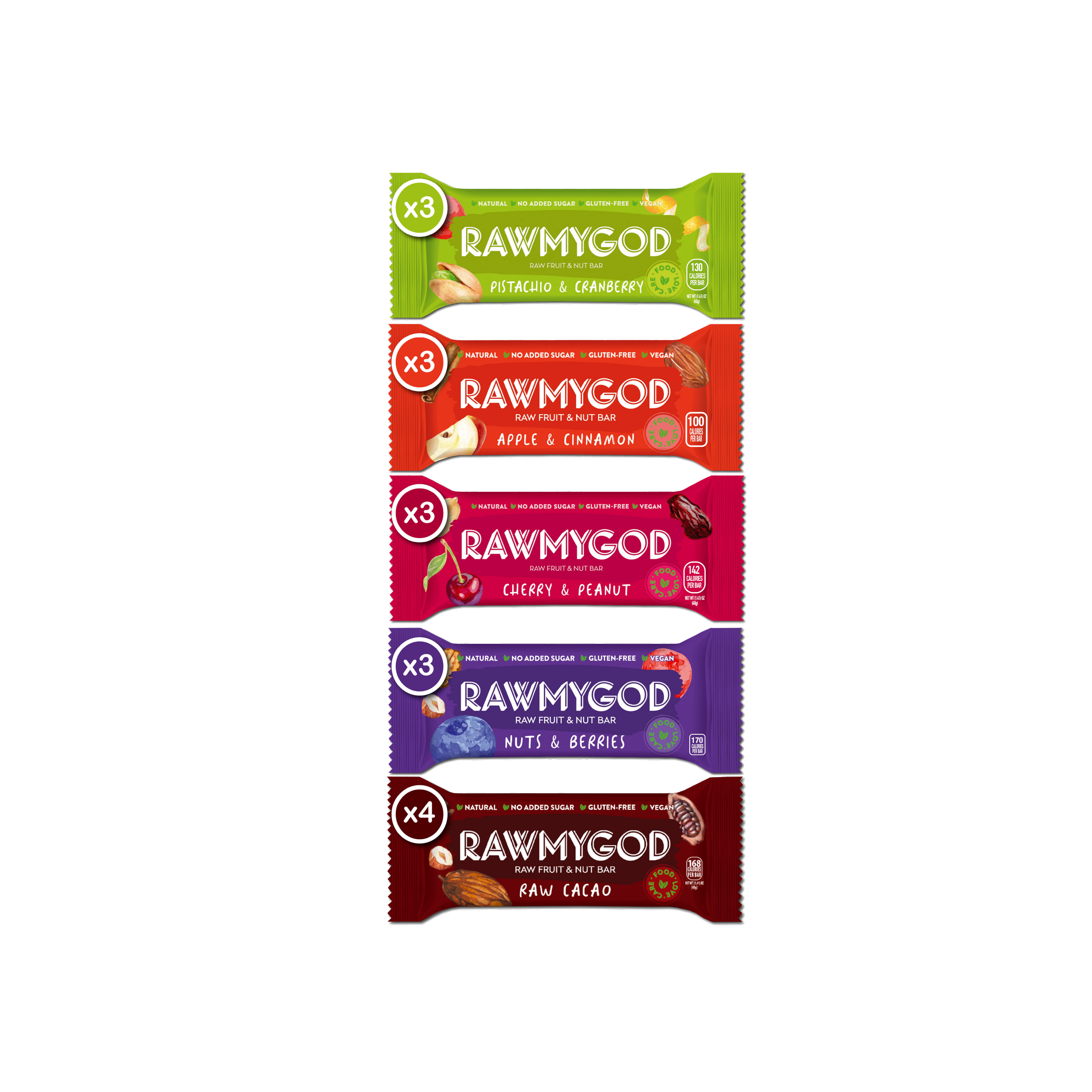 RAWMYGOD Variety Pack I- 4 Raw Cacao, 3 Apple & Cinnamon, 3 Nuts & Berries, 3 Cherry & Peanut, 3 Pistachio & Cranberry- 16 pack
