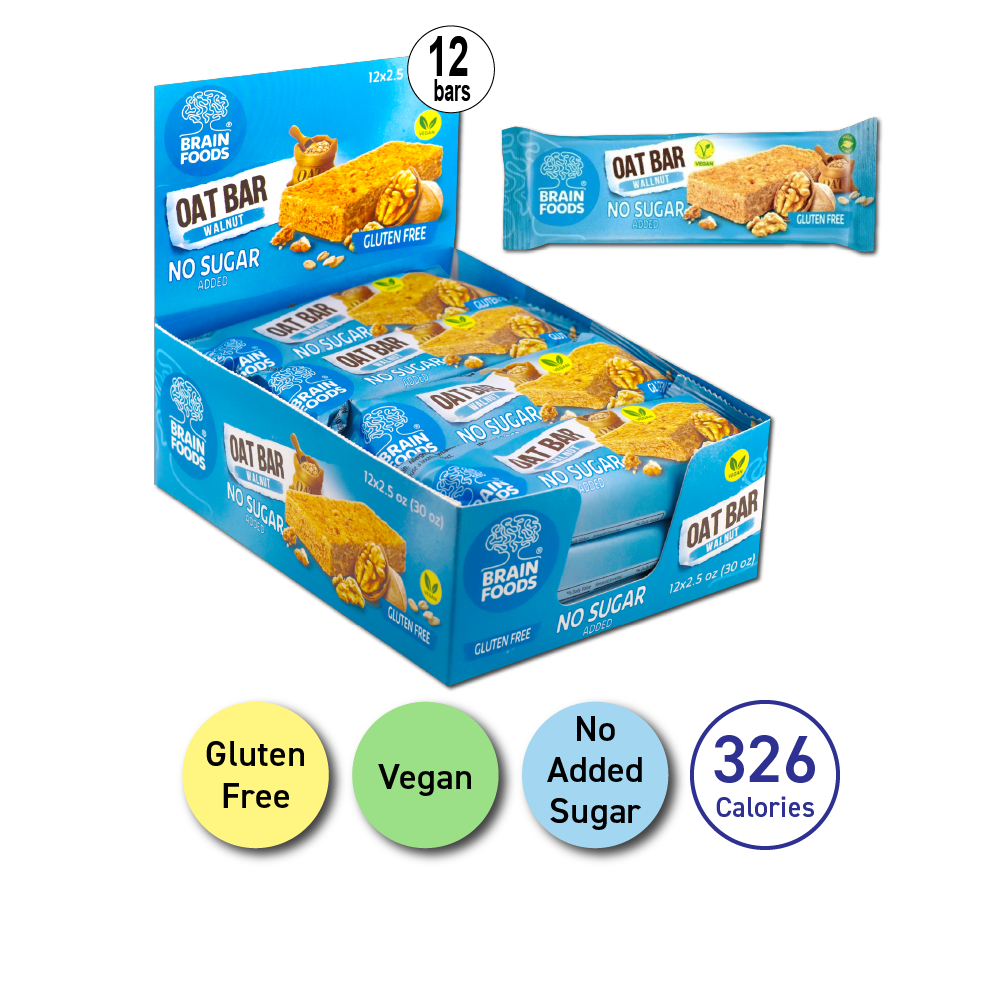 BRAIN FOODS Oat Bar - Walnut, Gluten Free, Vegan, No Sugar Added, Box of 12