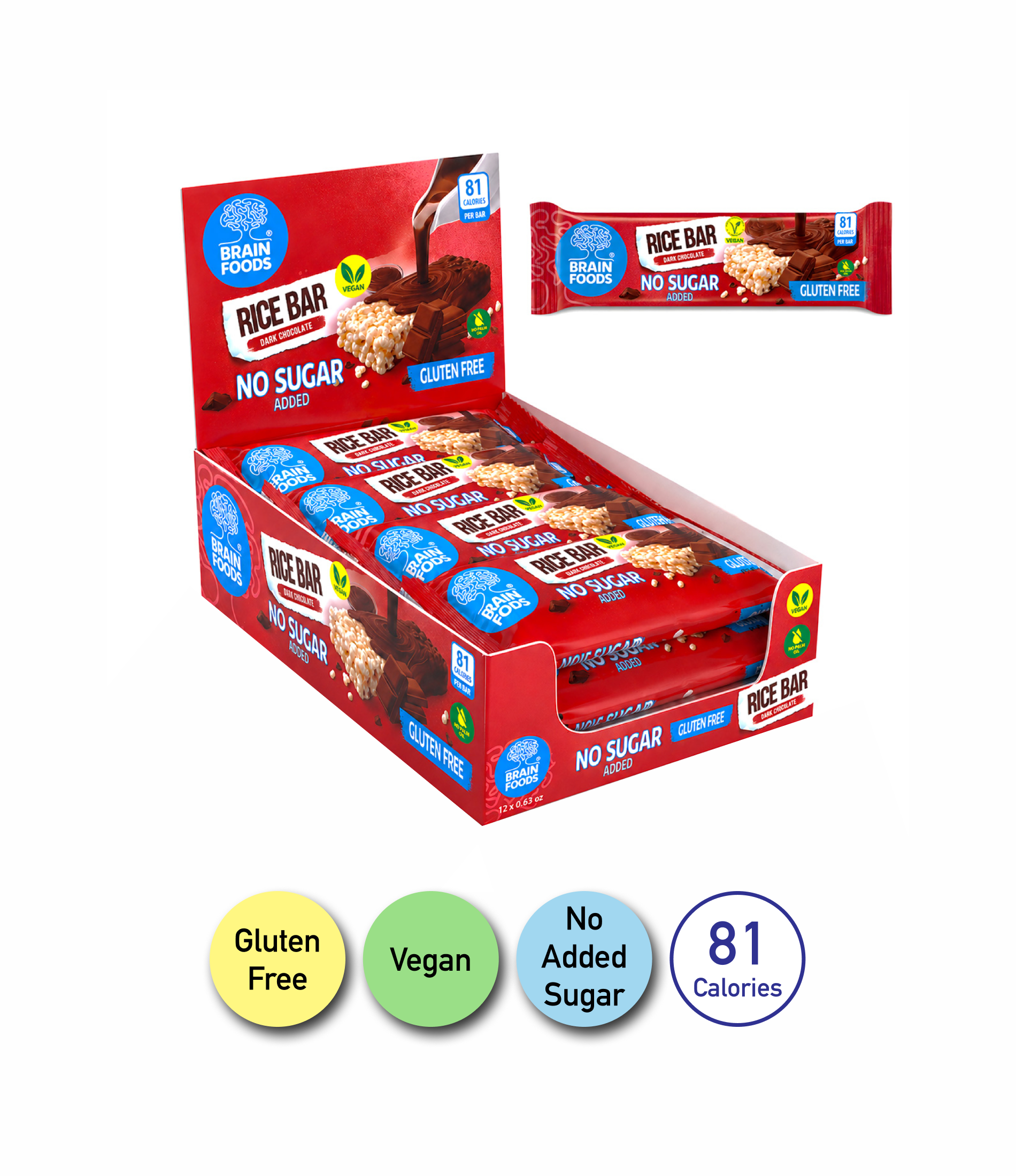 BRAIN FOODS Rice Bar - Dark Chocolate, Gluten Free, Vegan, No Sugar Added, Box of 12