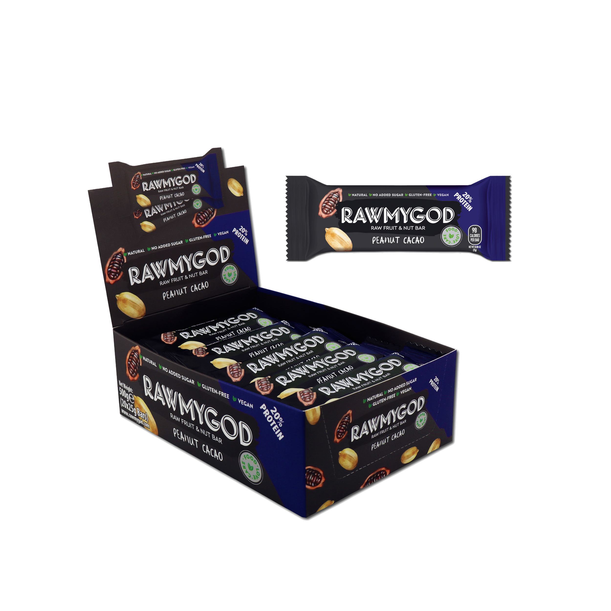 RAWMYGOD Peanut & Cacao Raw Fruit & Nut Bar, Box of 20