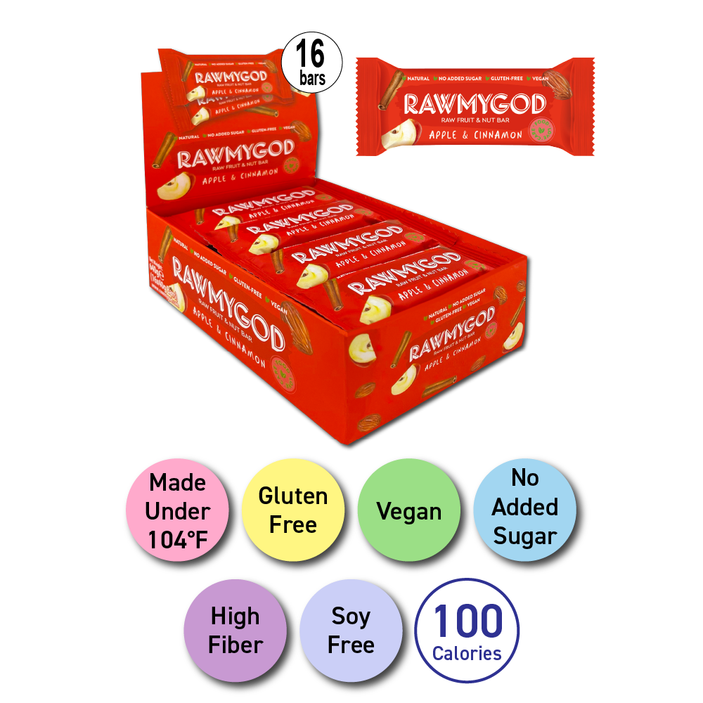 RAWMYGOD Apple & Cinnamon Raw Fruit & Nut Bar, Box of 16