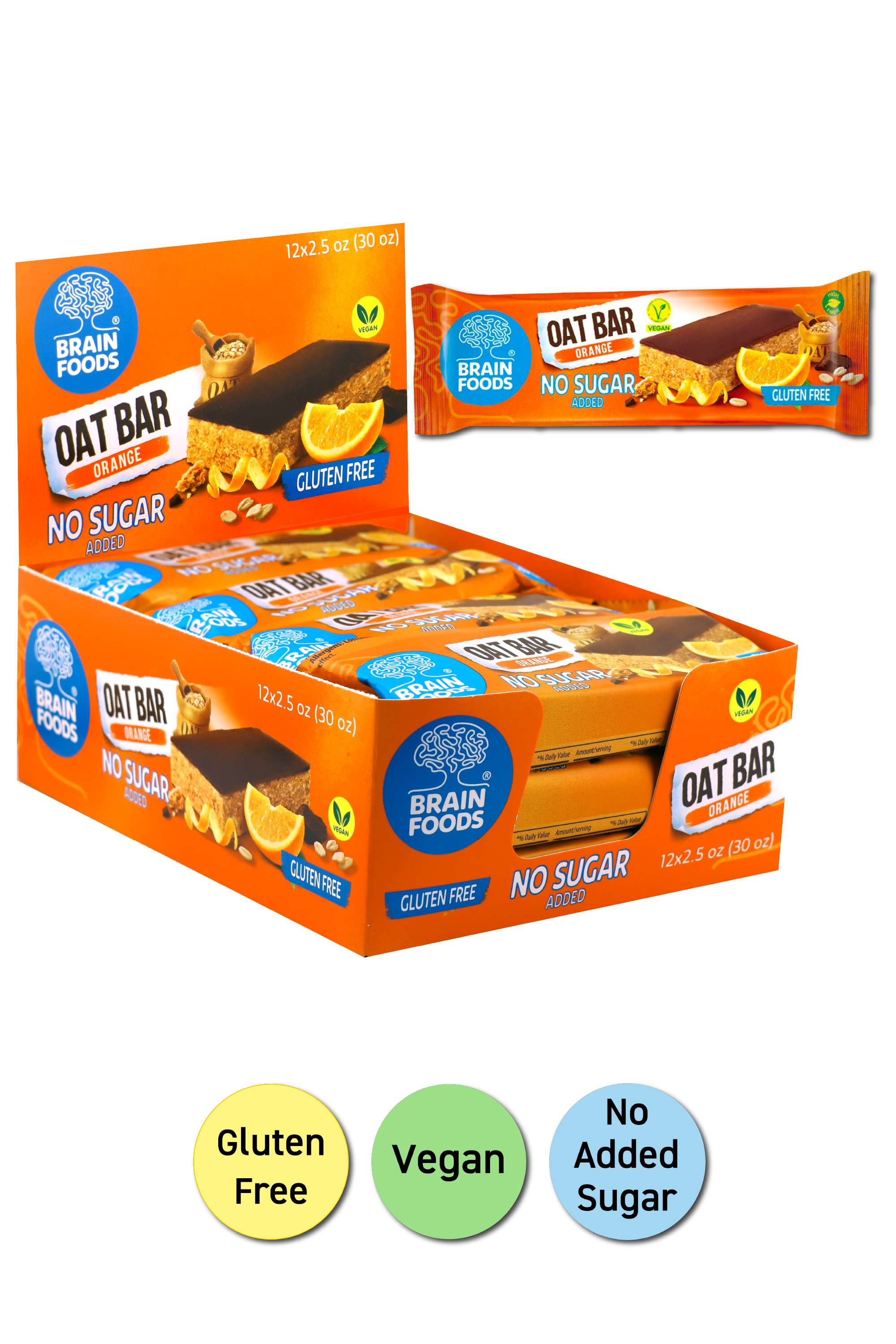 BRAIN FOODS Oat Bar - Orange & Chocolate, Gluten Free, Vegan, No Sugar Added, Box of 12
