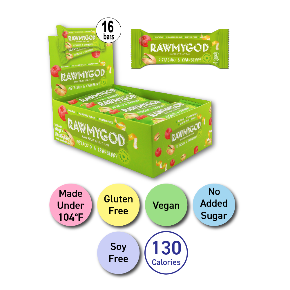 RAWMYGOD Pistachio & Cranberry Raw Fruit & Nut Bar, Box of 16