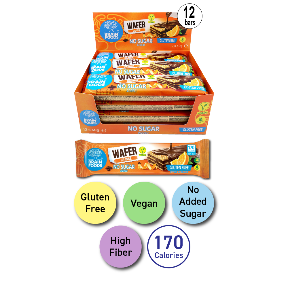 BRAIN FOODS Orange Chocolate Wafers, Gluten Free Vegan,  Box of 12