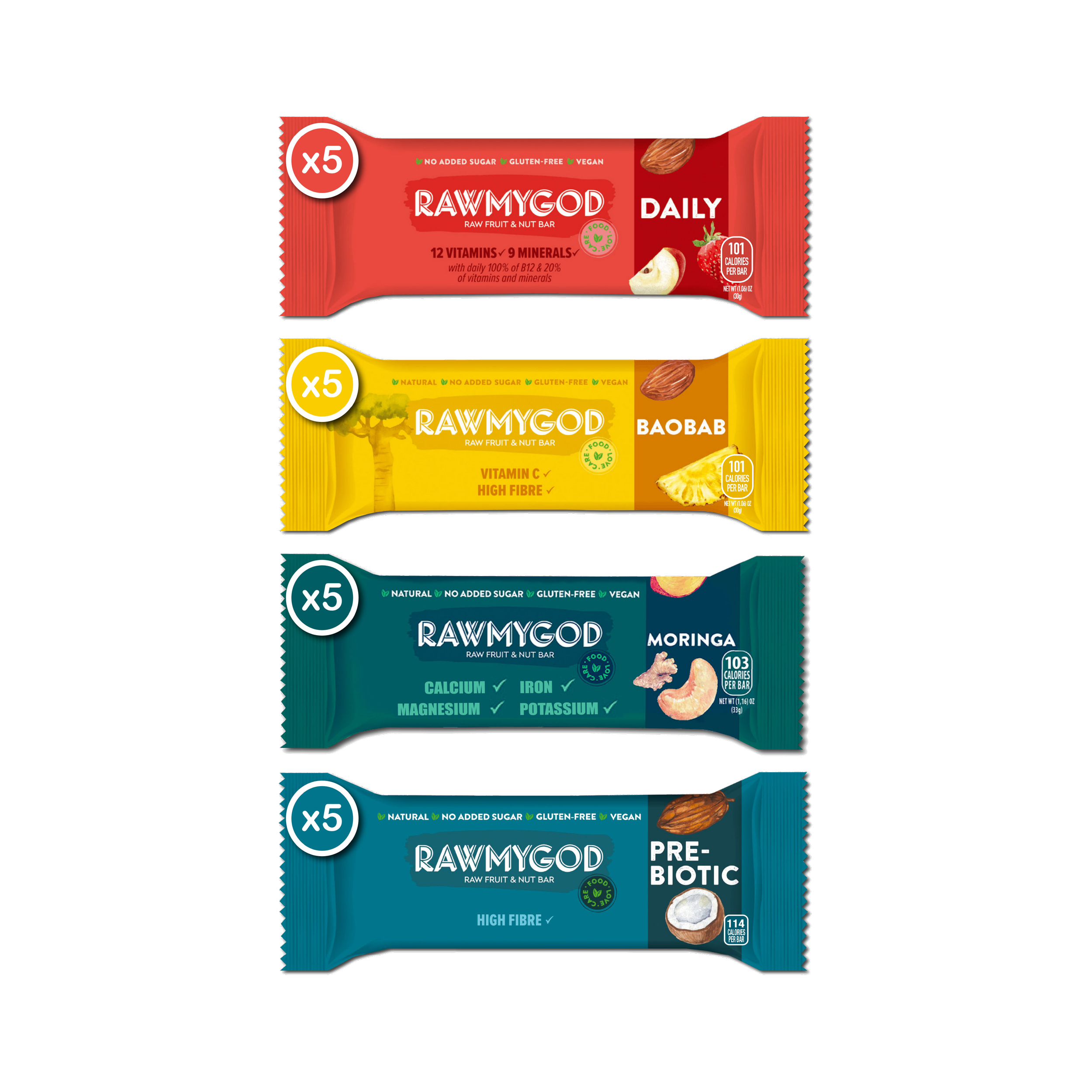 RAWMYGOD Vitality Pack - 5 Prebiotic, 5 Moringa, 5 Baobab, 5 Daily - 20 pack