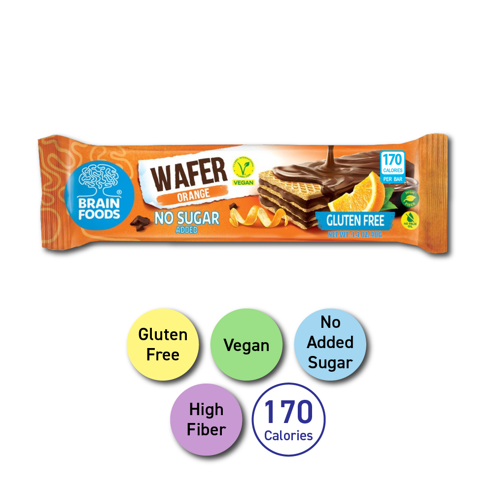 BRAIN FOODS Orange Chocolate Wafer, Gluten Free Vegan, 1 Bar