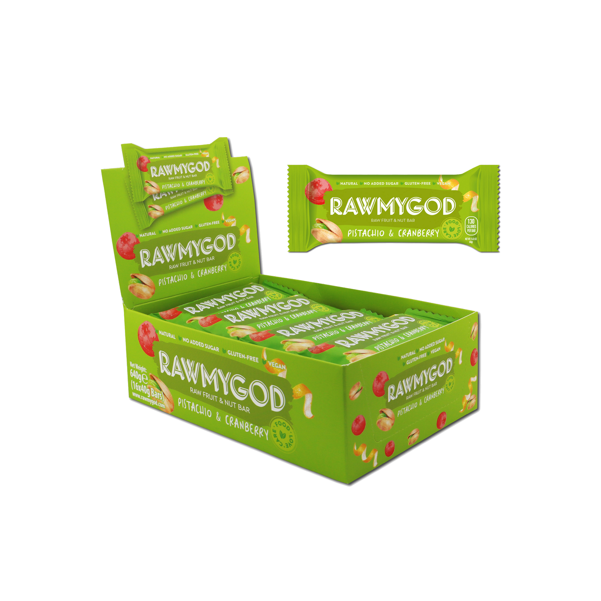 RAWMYGOD Pistachio & Cranberry Raw Fruit & Nut Bar, Box of 16