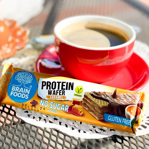 Ingredient list for BRAIN FOODS Caramel Chocolate Protein Gluten Free Vegan Wafers, Box of 12