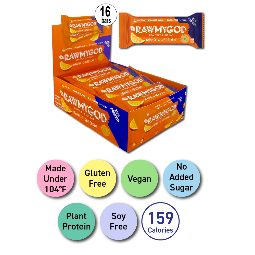 RAWMYGOD Orange & Hazelnut Raw Fruit & Nut Bar, Box of 16