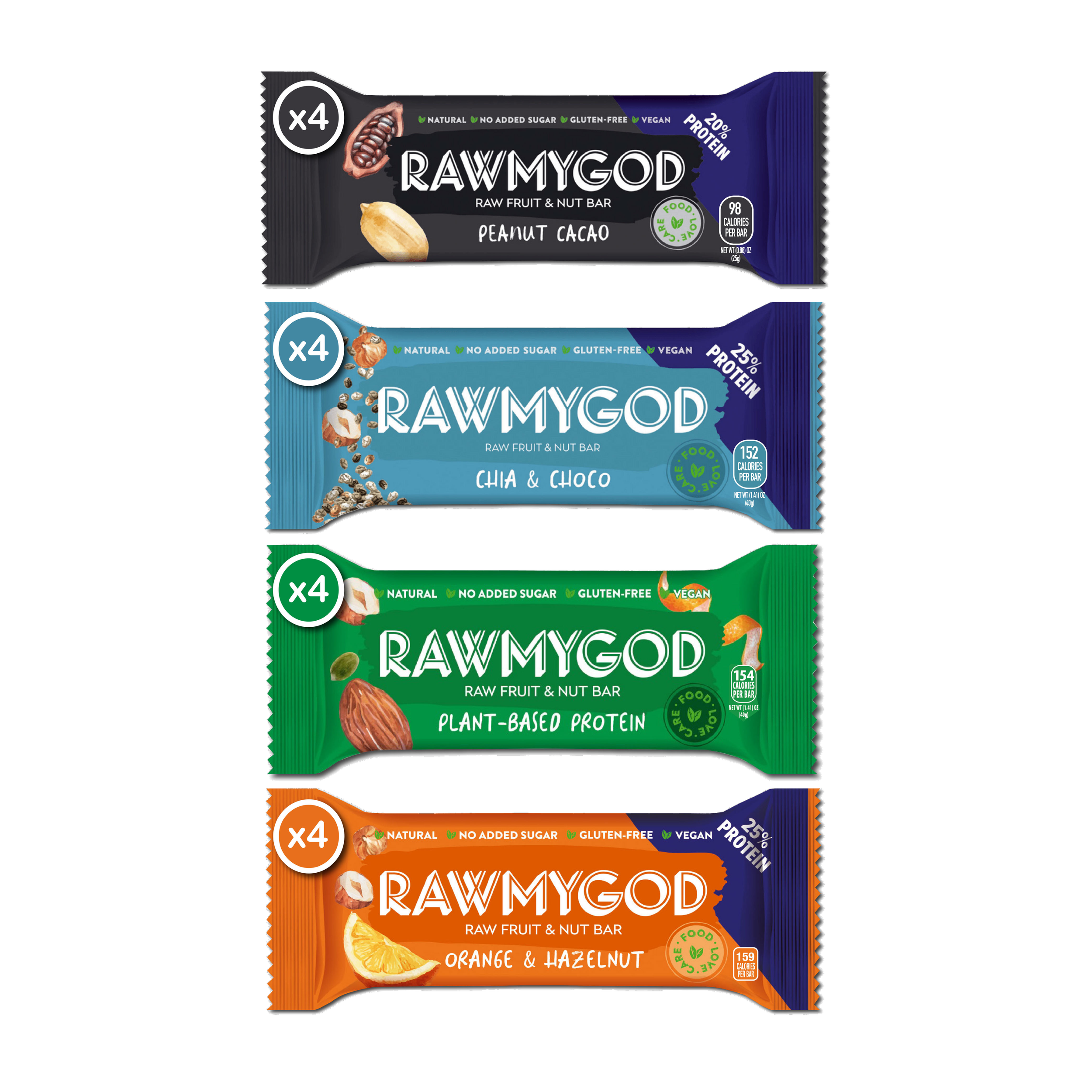 RAWMYGOD Protein Pack - 4 Orange & Hazelnut, 4 Fruit & Nut Plant Based, 4 Chia & Choco, 4 Peanut & Cacao - 16 pack