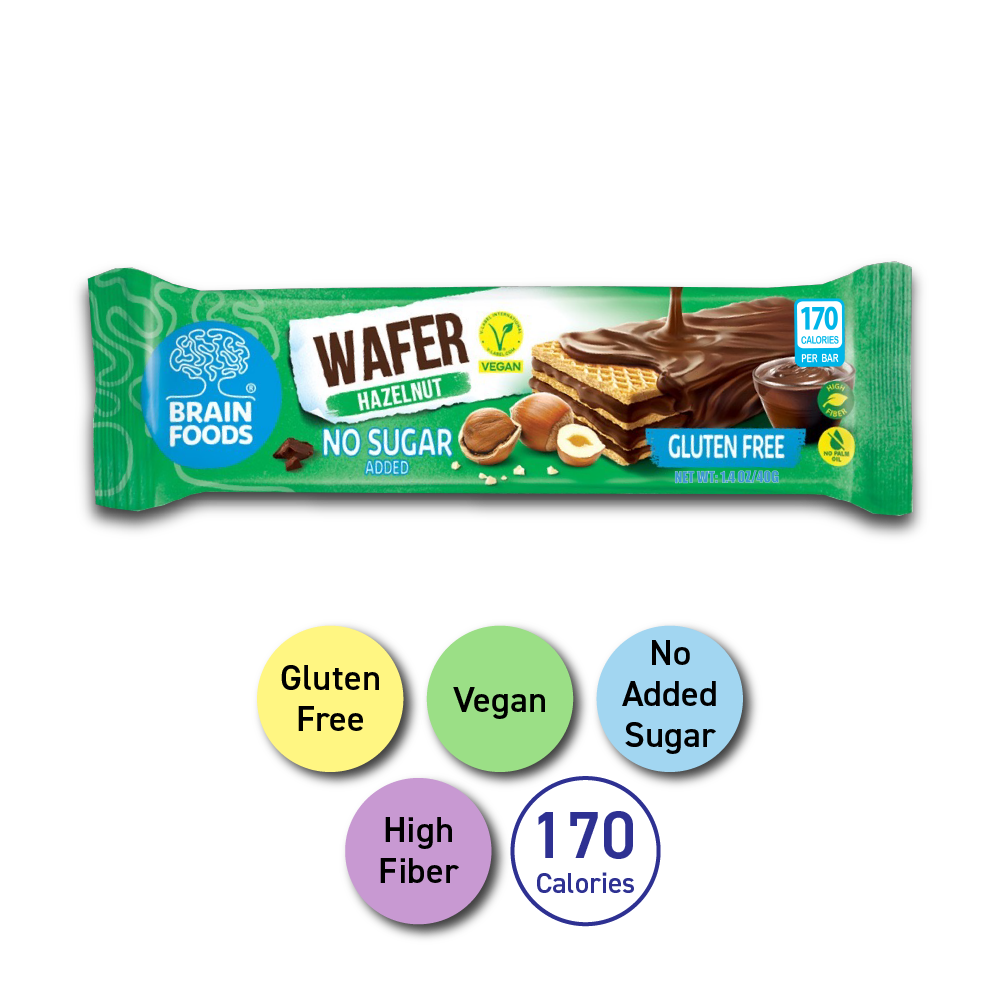BRAIN FOODS Hazelnut Chocolate Wafer, Gluten Free Vegan , 1 Bar