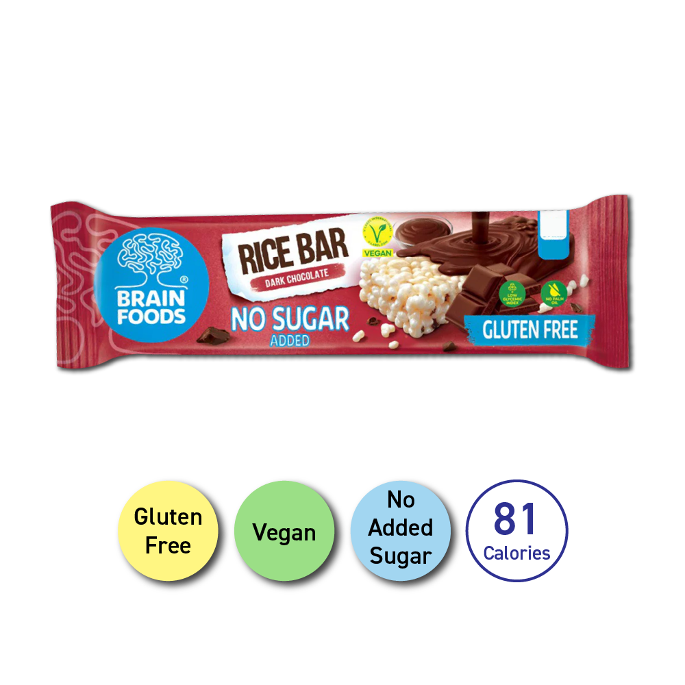 BRAIN FOODS Rice Bar - Dark Chocolate, Gluten Free, Vegan, No Sugar Added, 1 Bar