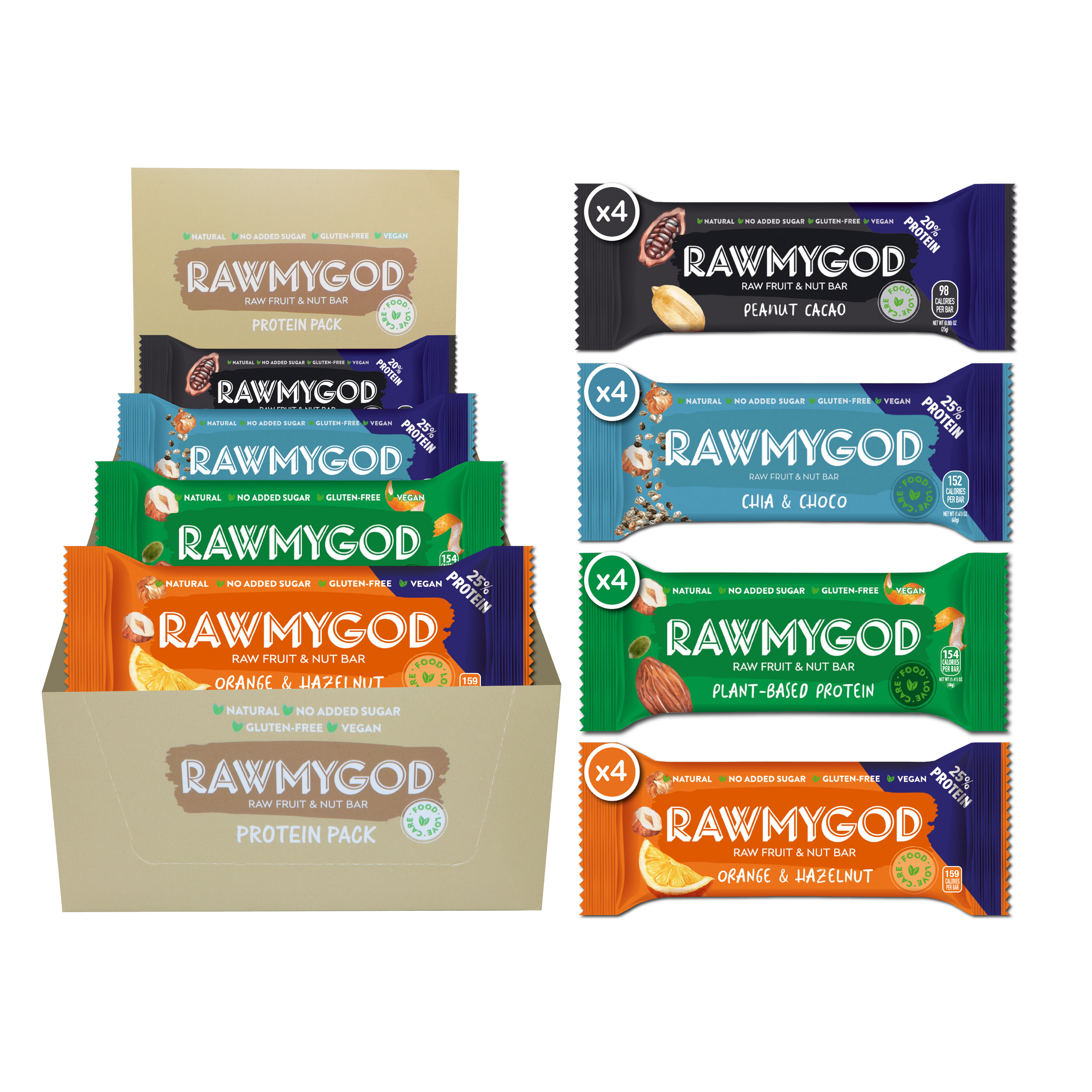 RAWMYGOD Protein Pack - 4 Orange & Hazelnut, 4 Fruit & Nut Plant Based, 4 Chia & Choco, 4 Peanut & Cacao - 16 pack