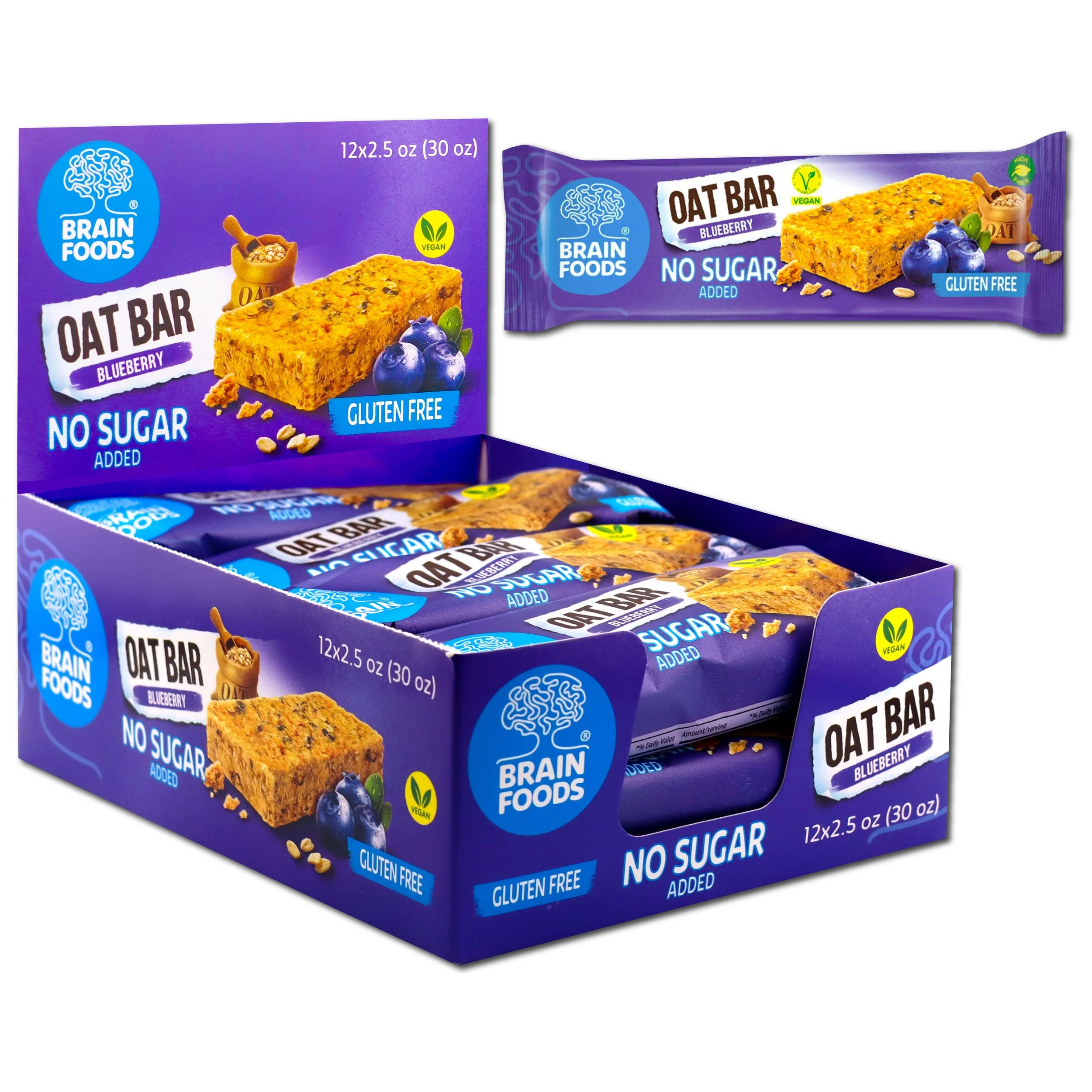 BRAIN FOODS Oat Bar - Blueberry, Gluten Free, Vegan, No Sugar Added, Box of 12