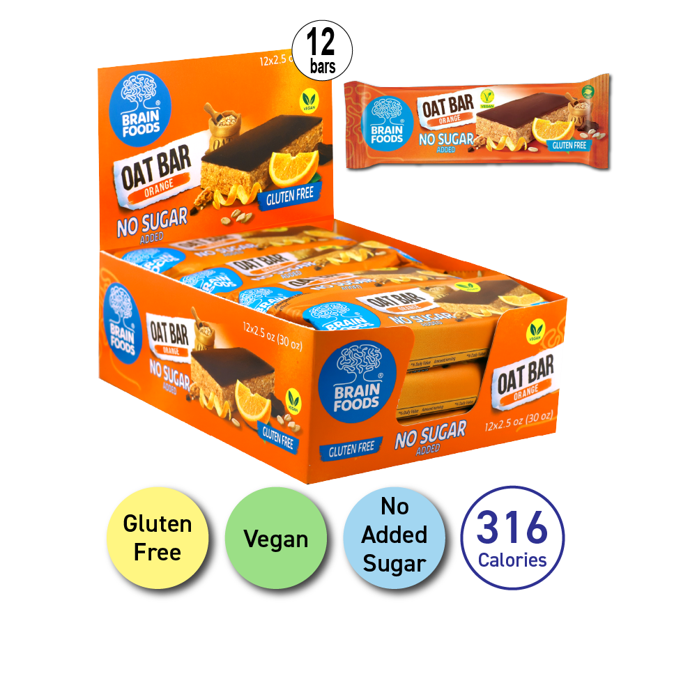 BRAIN FOODS Oat Bar - Orange & Chocolate, Gluten Free, Vegan, No Sugar Added, Box of 12
