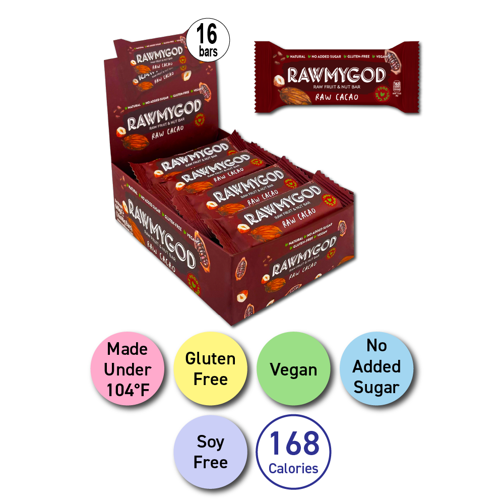 RAWMYGOD Cacao Raw Fruit & Nut Bar, Box of 16