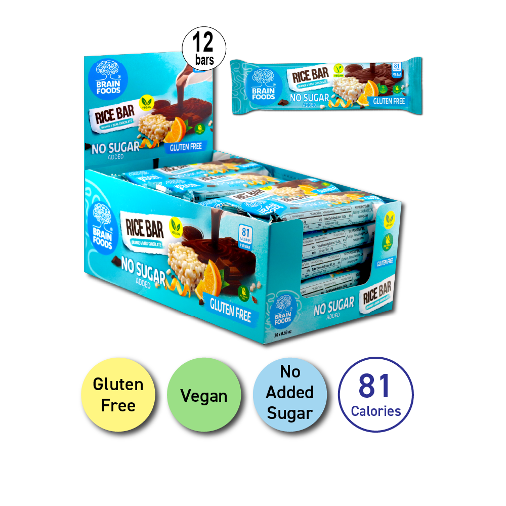 BRAIN FOODS Rice Bar - Orange & Dark Chocolate, Gluten Free, Vegan, No Sugar Added, Box of 20