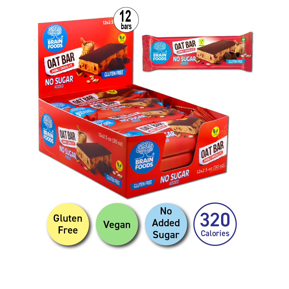 BRAIN FOODS Oat Bar - Double Chocolate, Gluten Free, Vegan, No Sugar Added, Box of 12