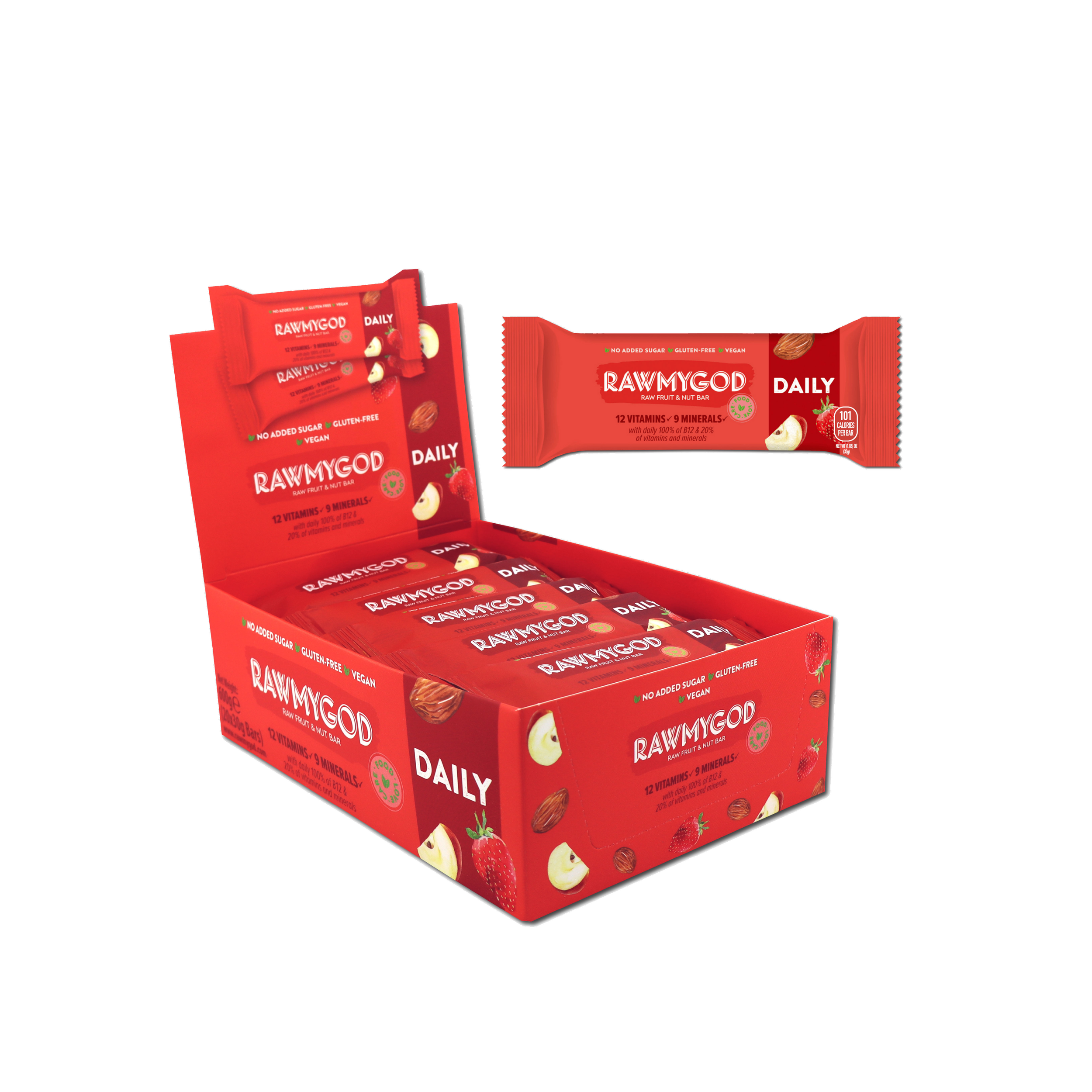 RAWMYGOD Daily Raw Fruit & Nut Bar, Box of 20