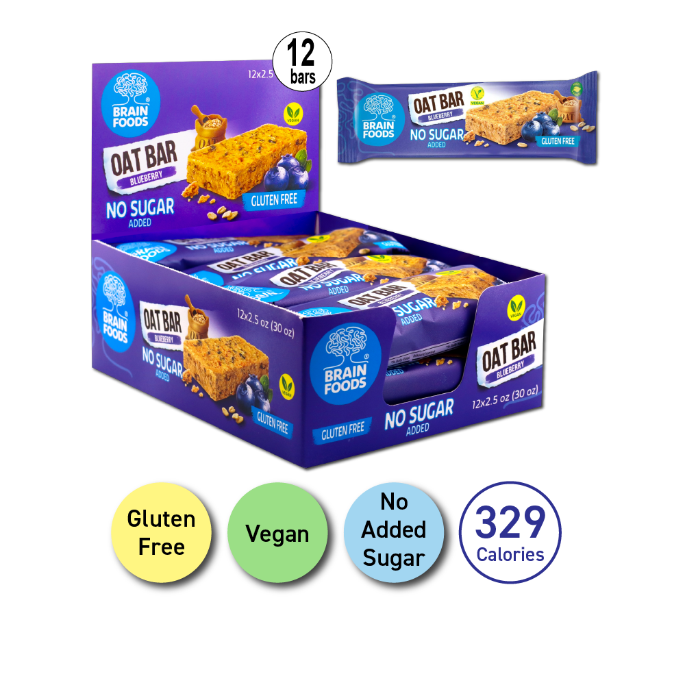 BRAIN FOODS Oat Bar - Blueberry, Gluten Free, Vegan, No Sugar Added, Box of 12