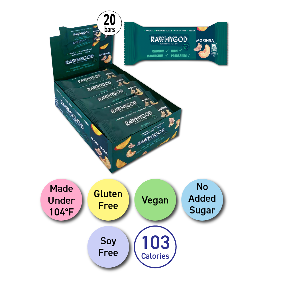 RAWMYGOD Moringa Raw Fruit & Nut Bar, Box of 20