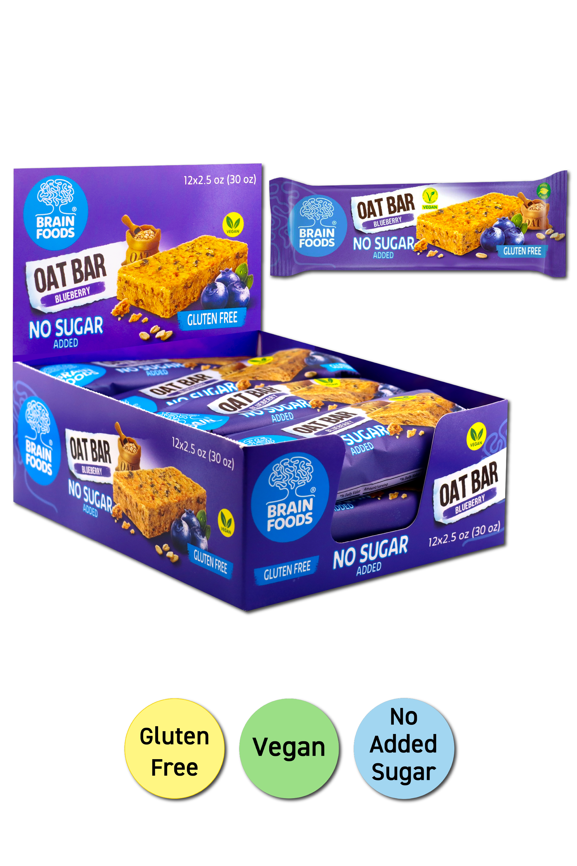 BRAIN FOODS Oat Bar - Blueberry, Gluten Free, Vegan, No Sugar Added, Box of 12